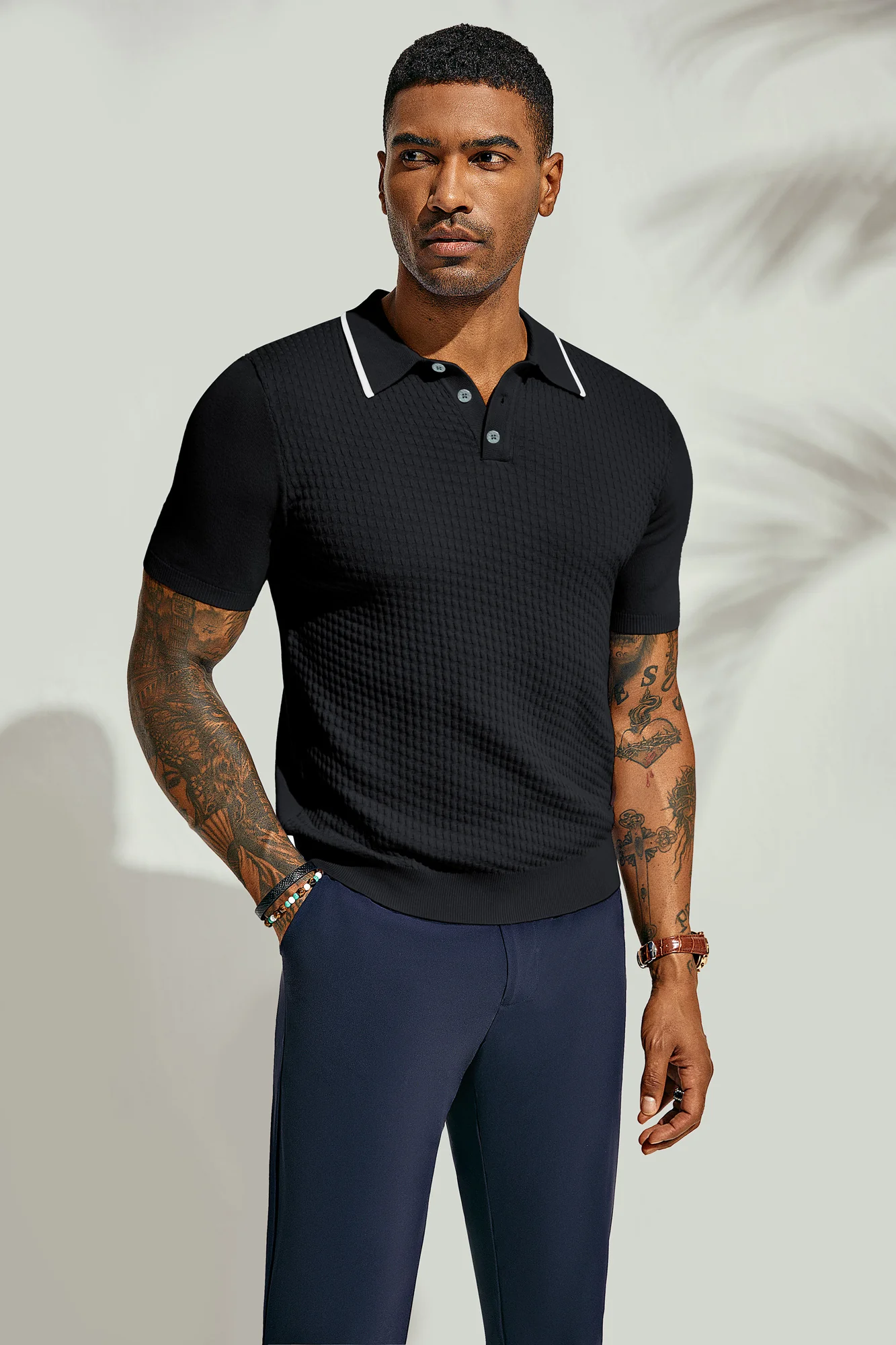 Men's Short Sleeve Knit Polo Shirts Waffle Texture Knit Shirt - Image 6