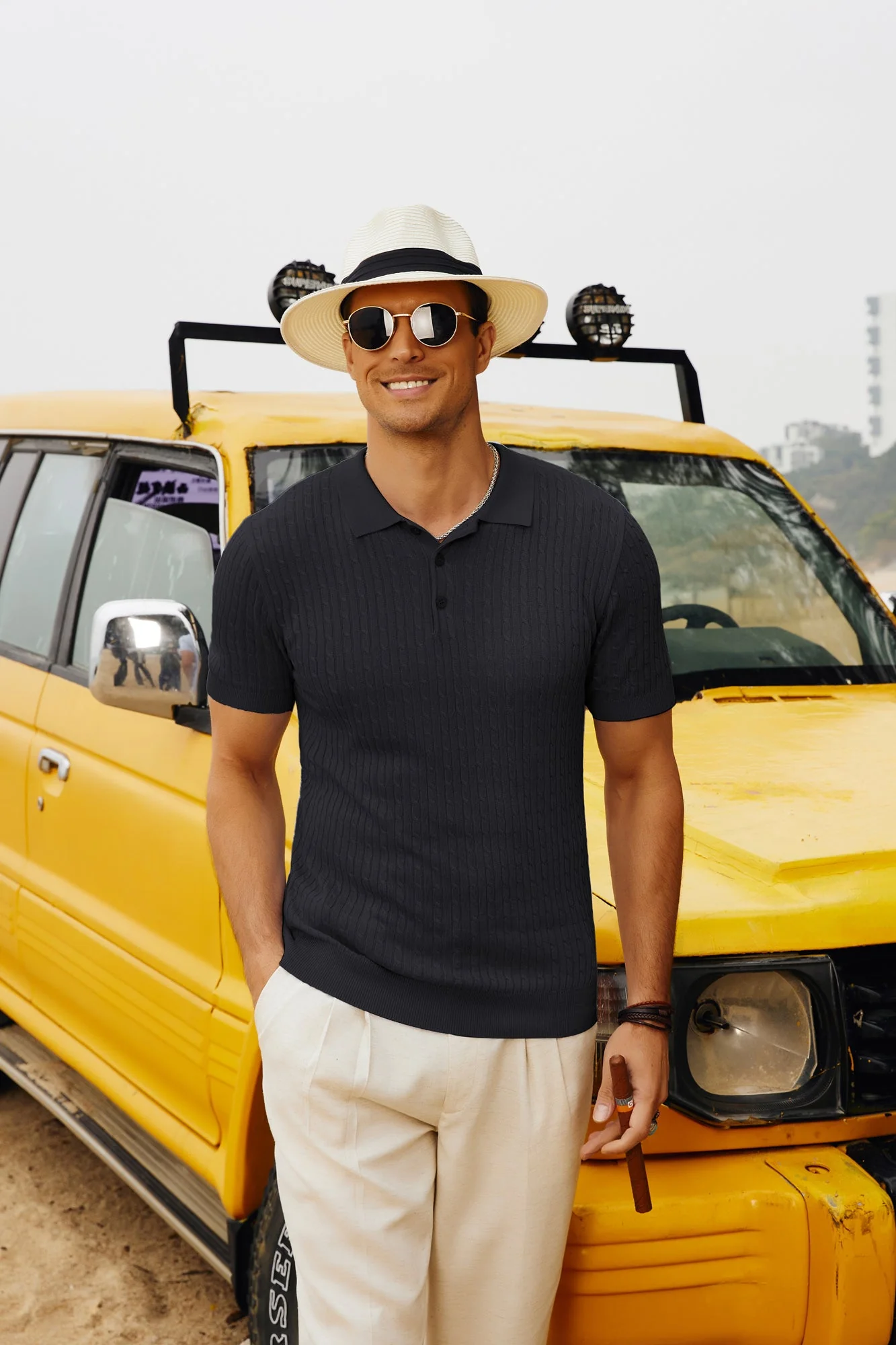 Men's Short Sleeve Polo Pullover Shirts Classic Cable Knitted Golf Polo Casual Shirts - Image 5