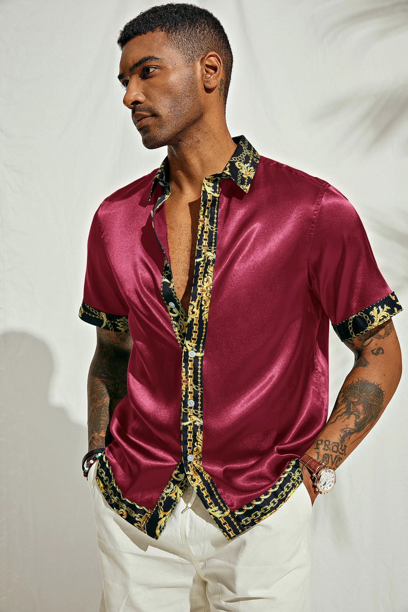 Mens Silk Satin Shirt Luxury Printed Button Down Hawaiian Shirts - Image 11