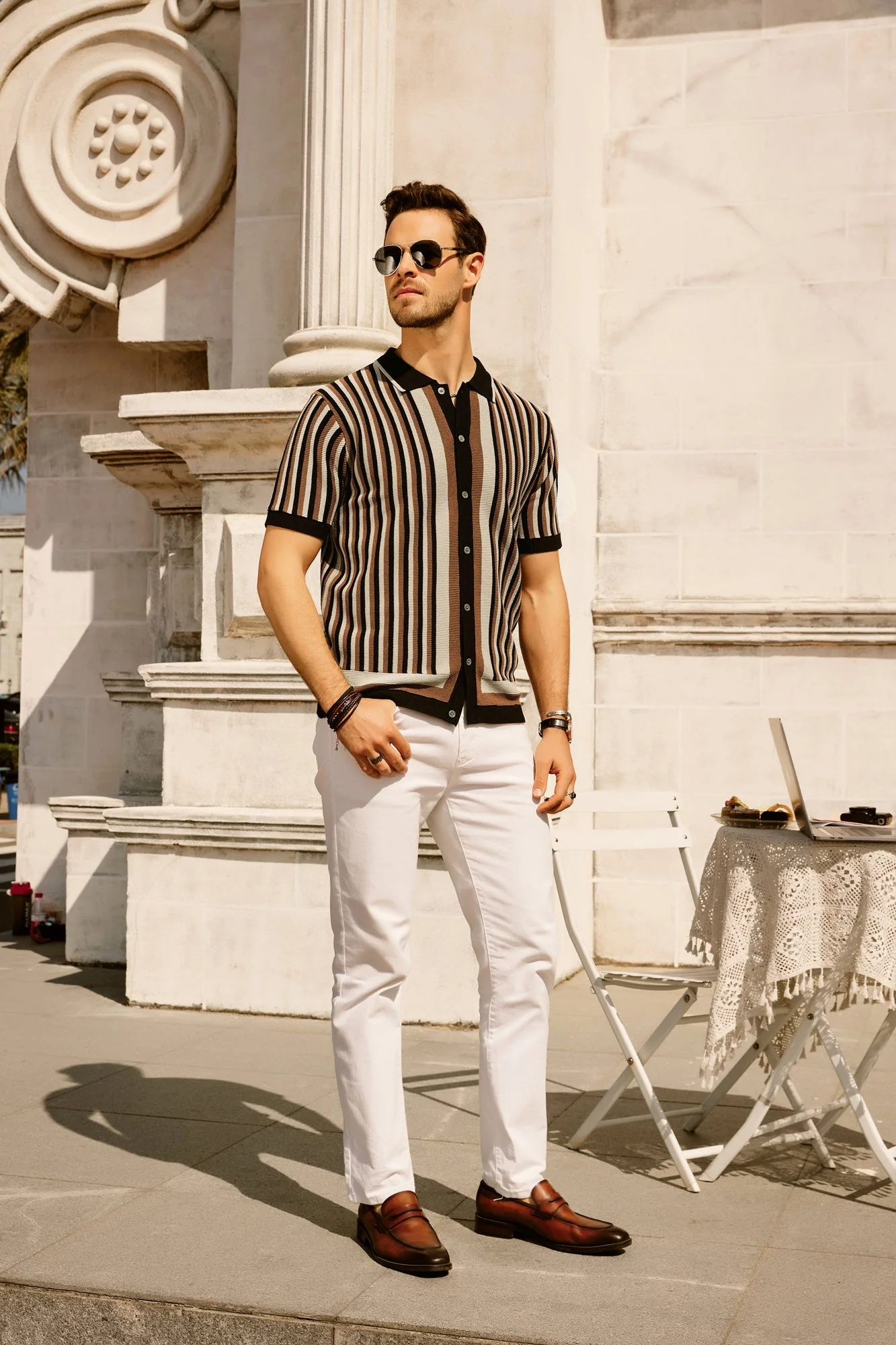 Men's Striped Polo Shirts Breathable Knit Shirt 70s Vintage Cardigans Shirt Short Sleeve Button Down Casual Clothing - Image 7