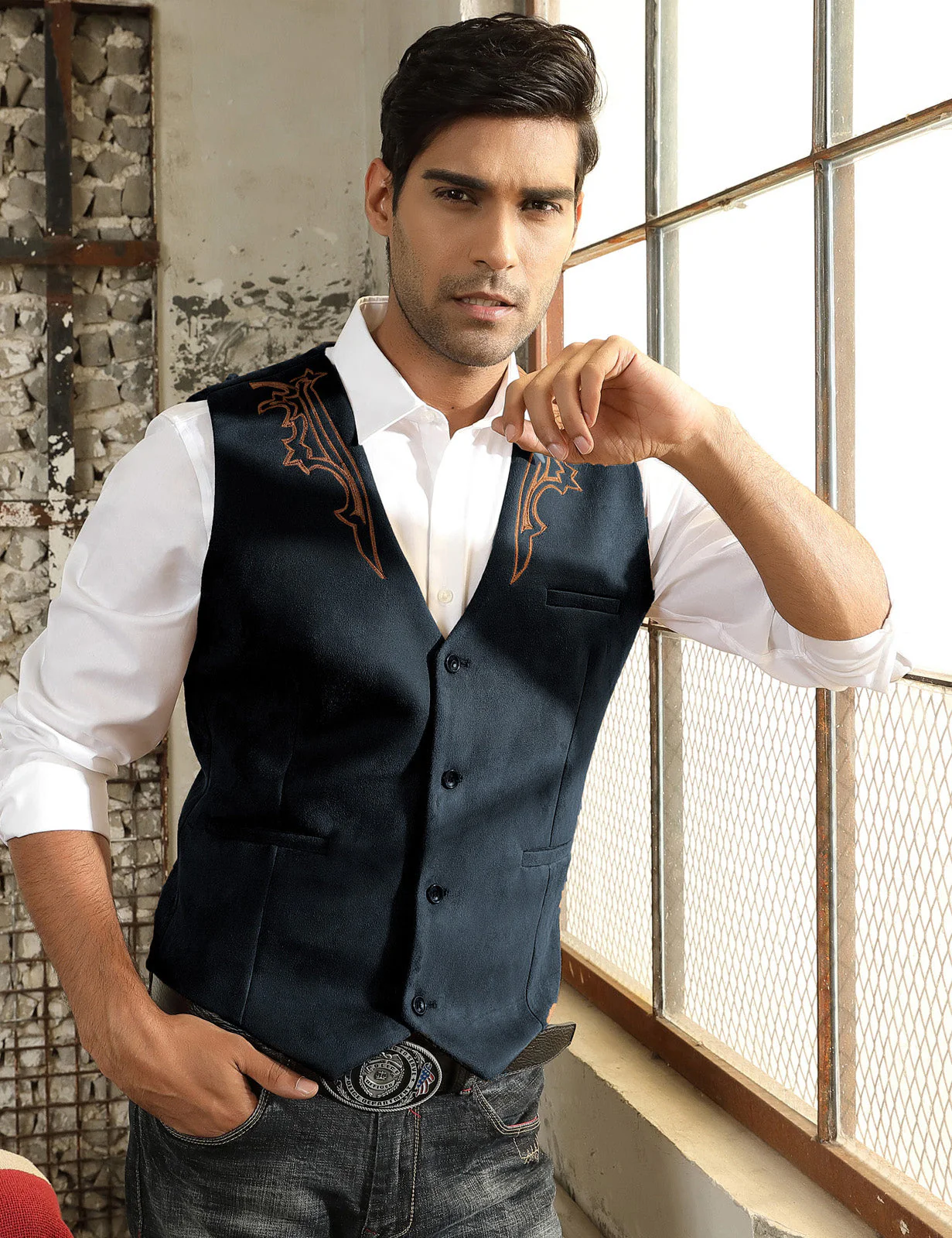 Men's Suede Leather Suit Vest Embroidery Casual Slim Fit Western Vest Waistcoats - Image 2