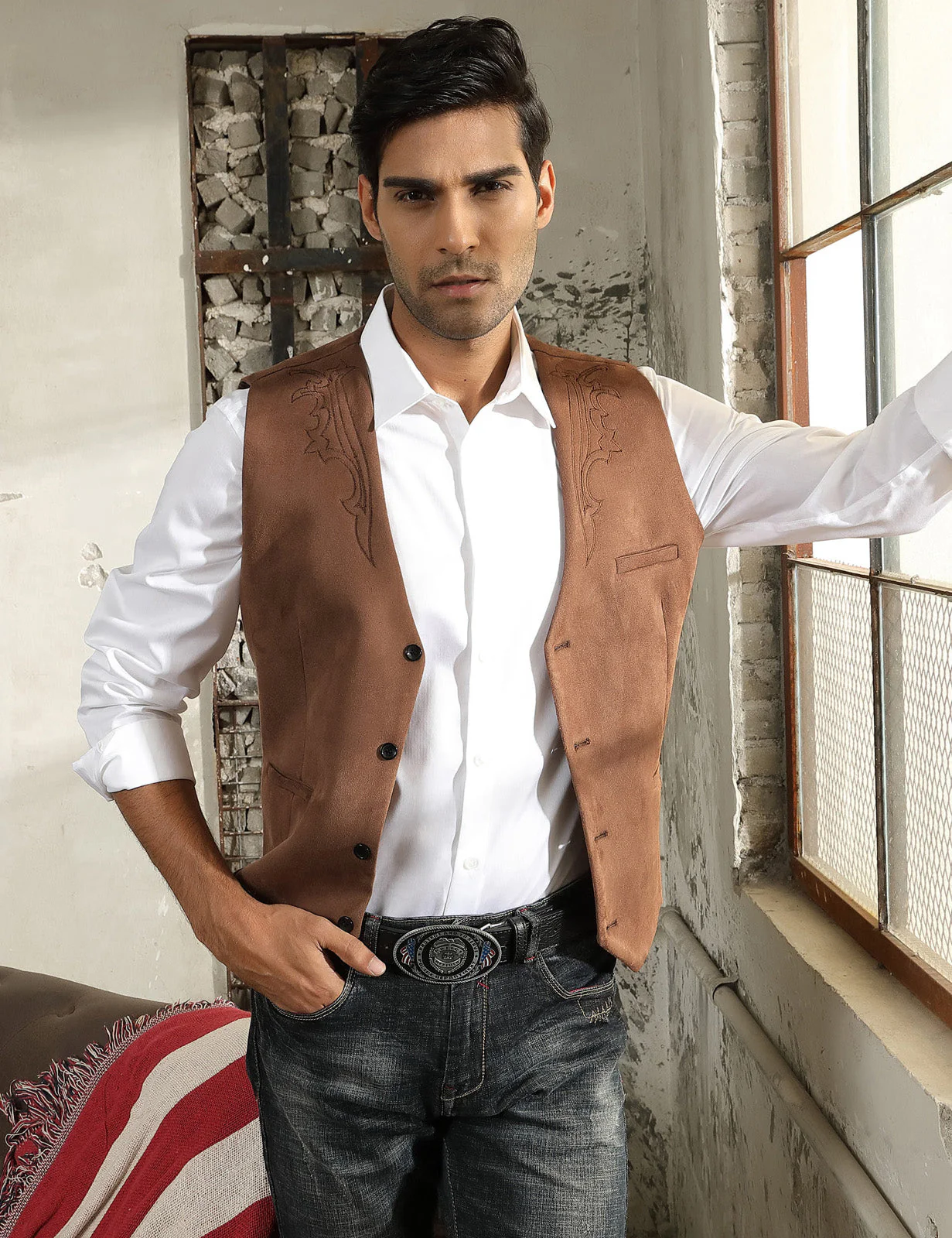Men's Suede Leather Suit Vest Embroidery Leisure Slim Fit Western Vest Waistcoat - Image 8