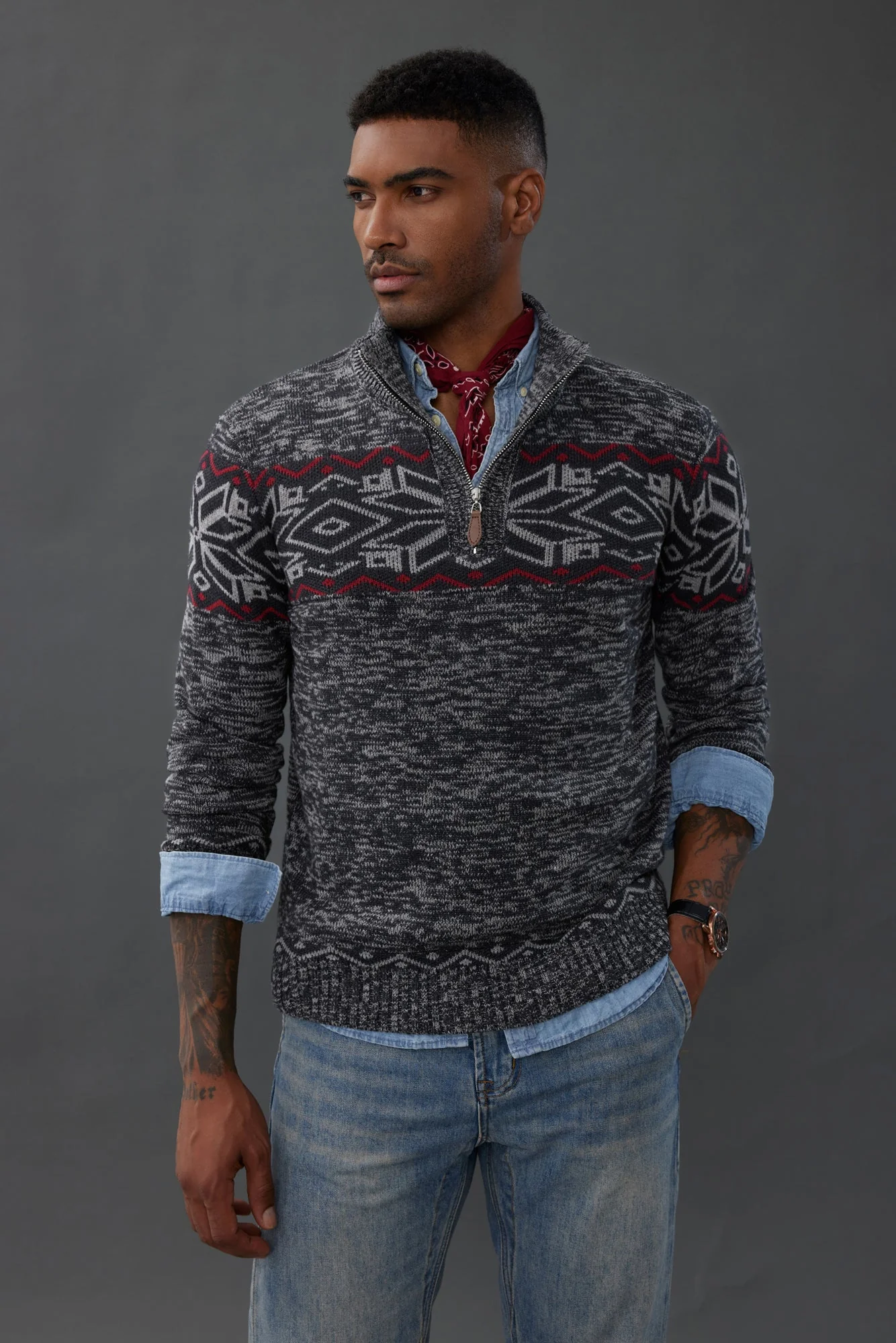 Men's Sweater Mock Neck Sweater Fair Isle Pattern Pullover Sweater Brown - Image 15