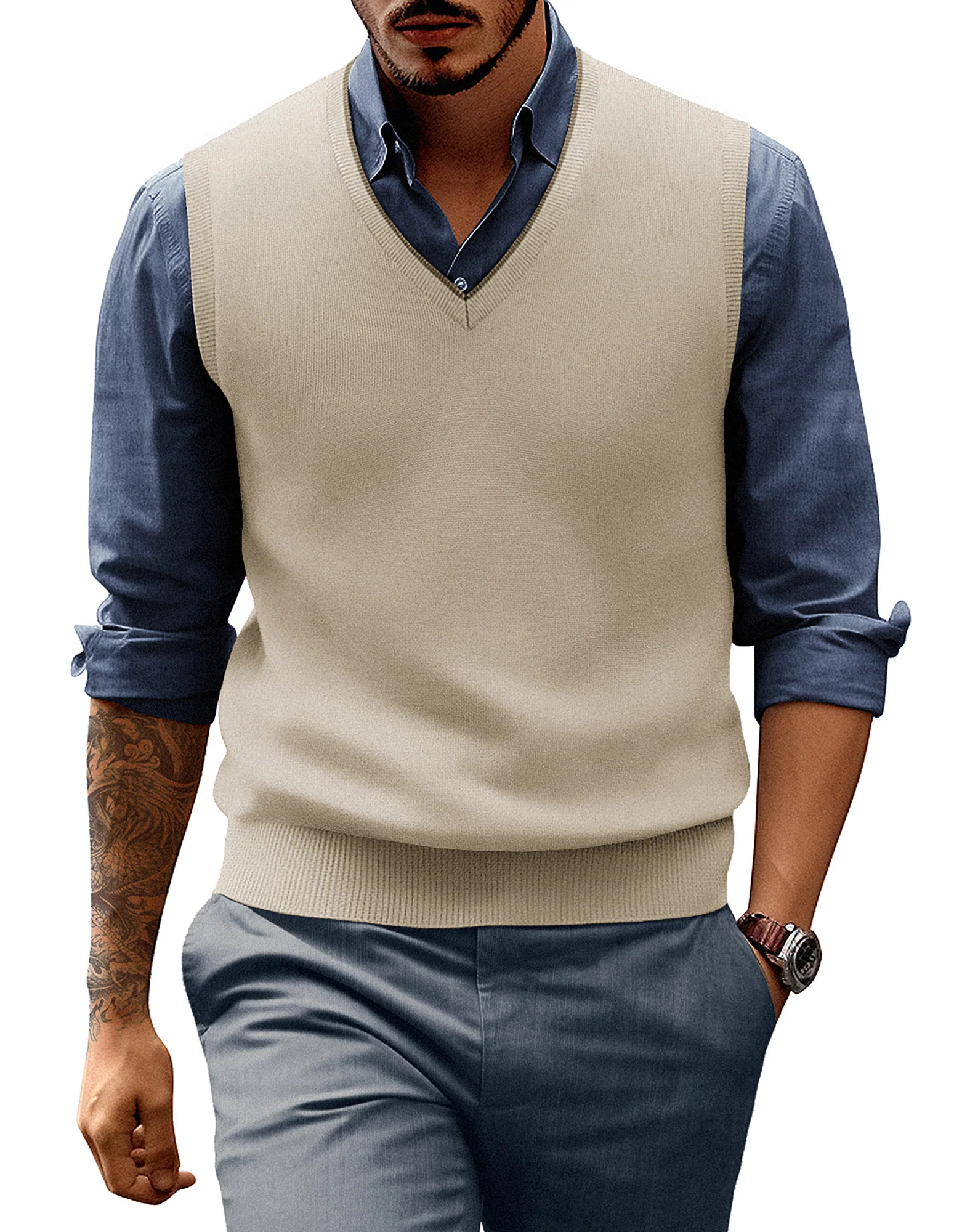 Men's Sweater Vest Wool Blended Knitted Vest Sweaters V-Neck Sleeveless Pullover Vest - Image 45
