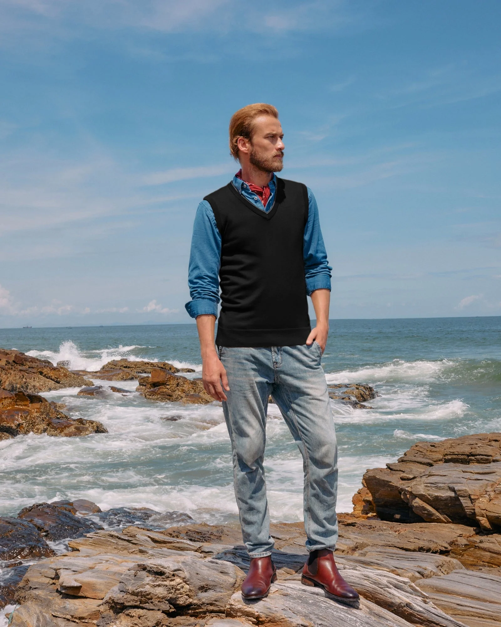Men's Sweater Vest Wool Blended Knitted Vest Sweaters V-Neck Sleeveless Pullover Vest - Image 8