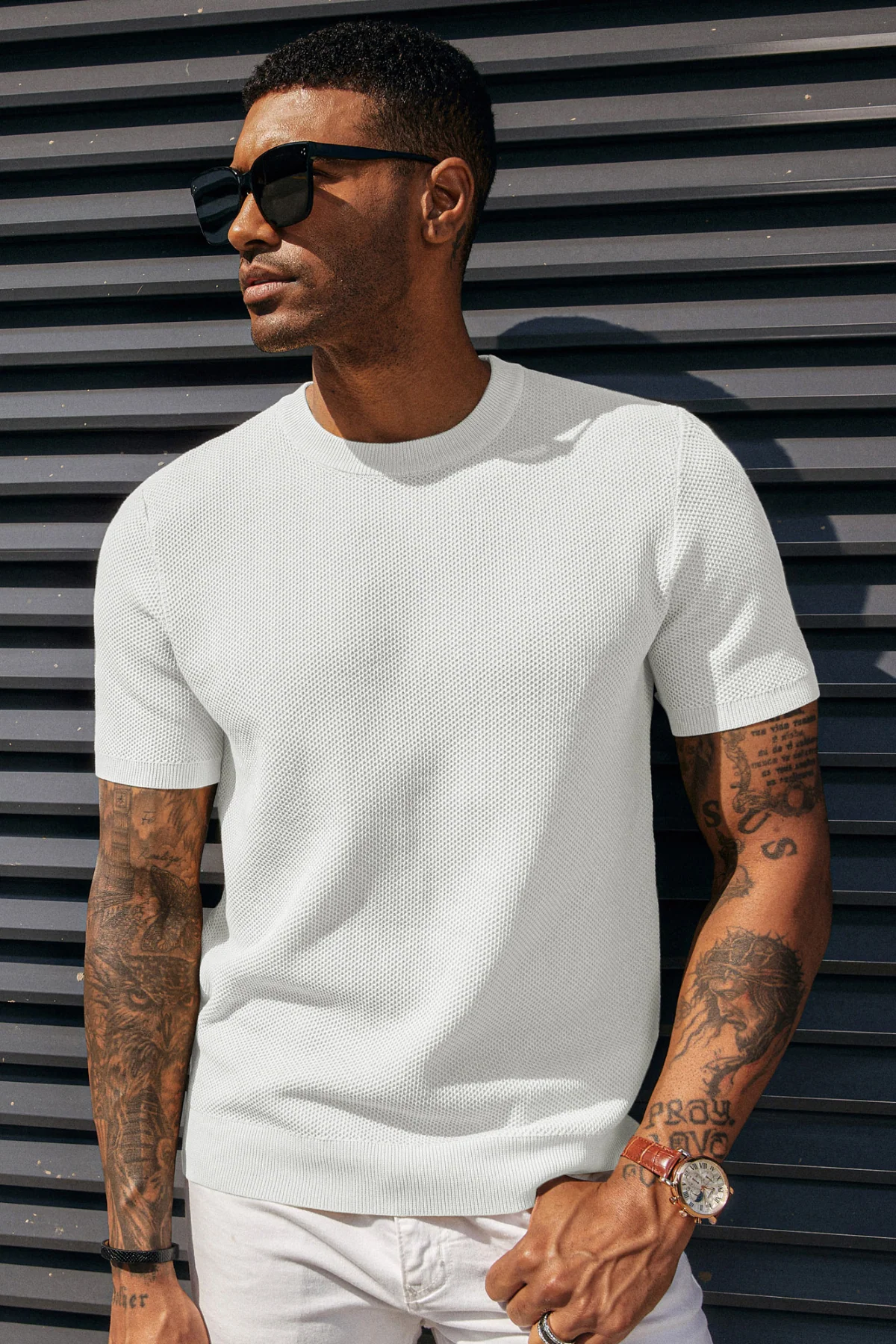 Men's T-Shirts Casual Knit Short Sleeve Crewneck Honeycomb Waffle Solid Knitted Pullover Tees - Image 11