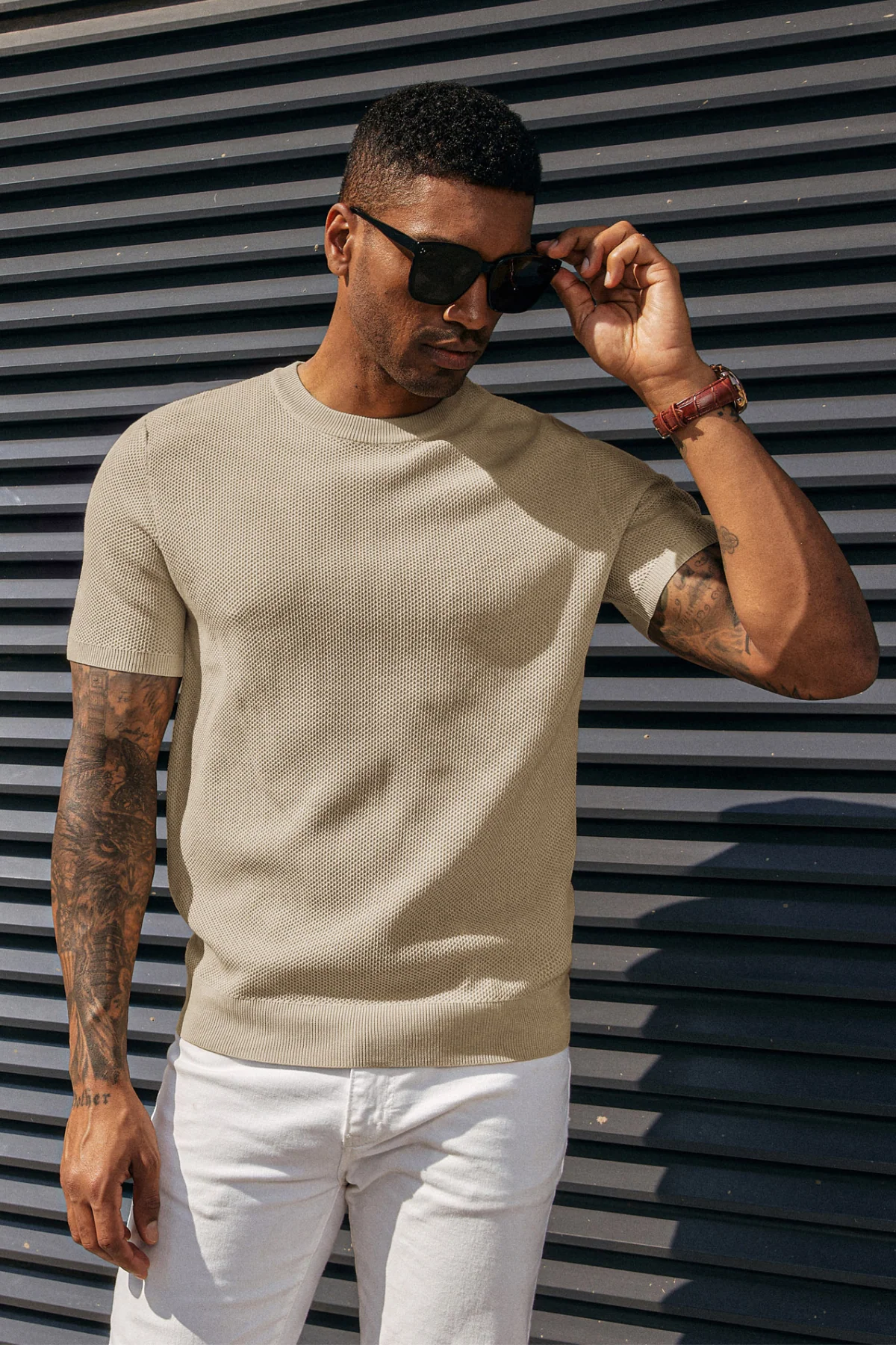 Men's T-Shirts Casual Knit Short Sleeve Crewneck Honeycomb Waffle Solid Knitted Pullover Tees - Image 19