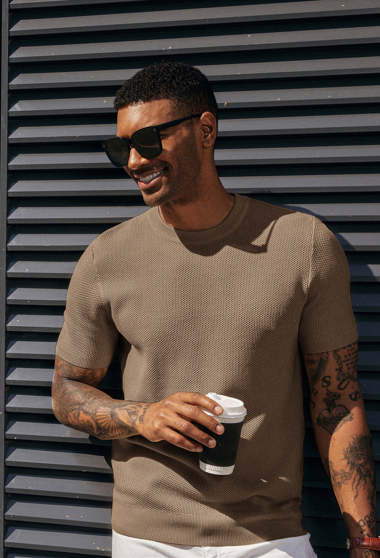 Men's T-Shirts Casual Knit Short Sleeve Crewneck Honeycomb Waffle Solid Knitted Pullover Tees - Image 22