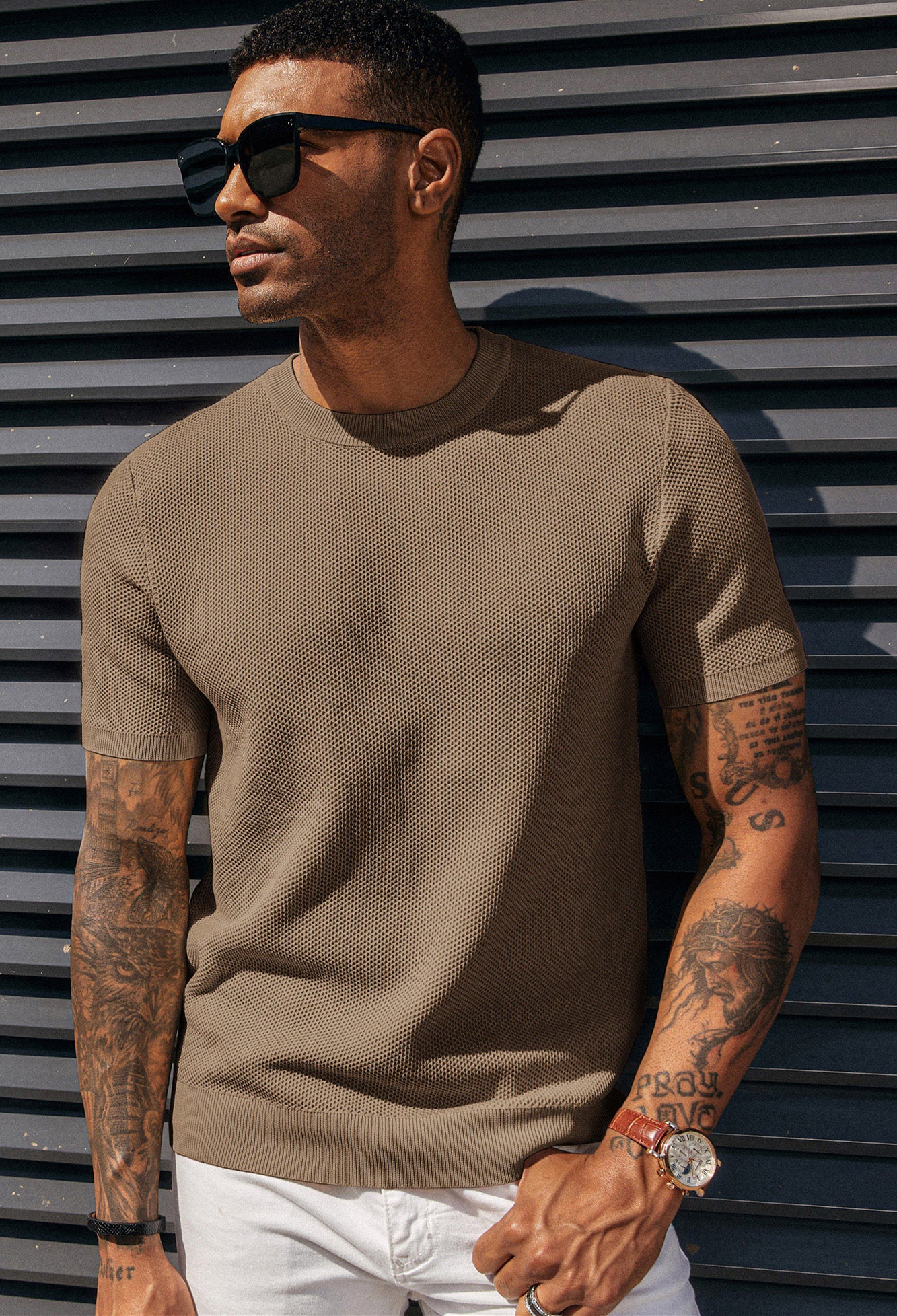 Men's T-Shirts Casual Knit Short Sleeve Crewneck Honeycomb Waffle Solid Knitted Pullover Tees - Image 25