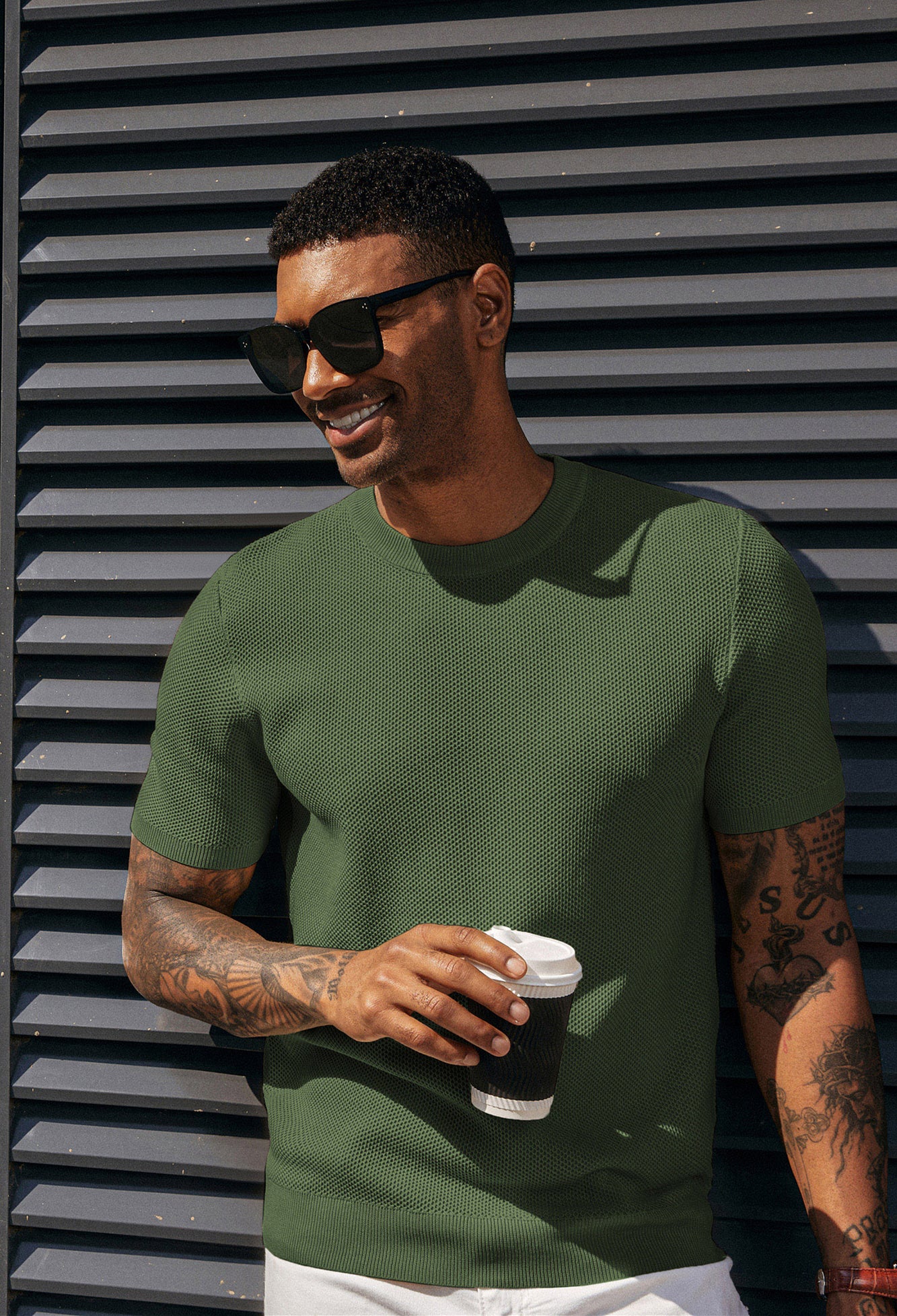 Men's T-Shirts Casual Knit Short Sleeve Crewneck Honeycomb Waffle Solid Knitted Pullover Tees - Image 32