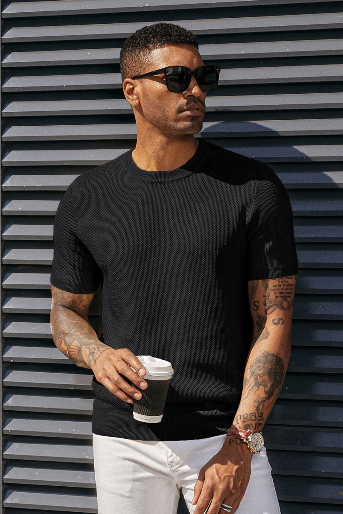 Men's T-Shirts Casual Knit Short Sleeve Crewneck Honeycomb Waffle Solid Knitted Pullover Tees - Image 5