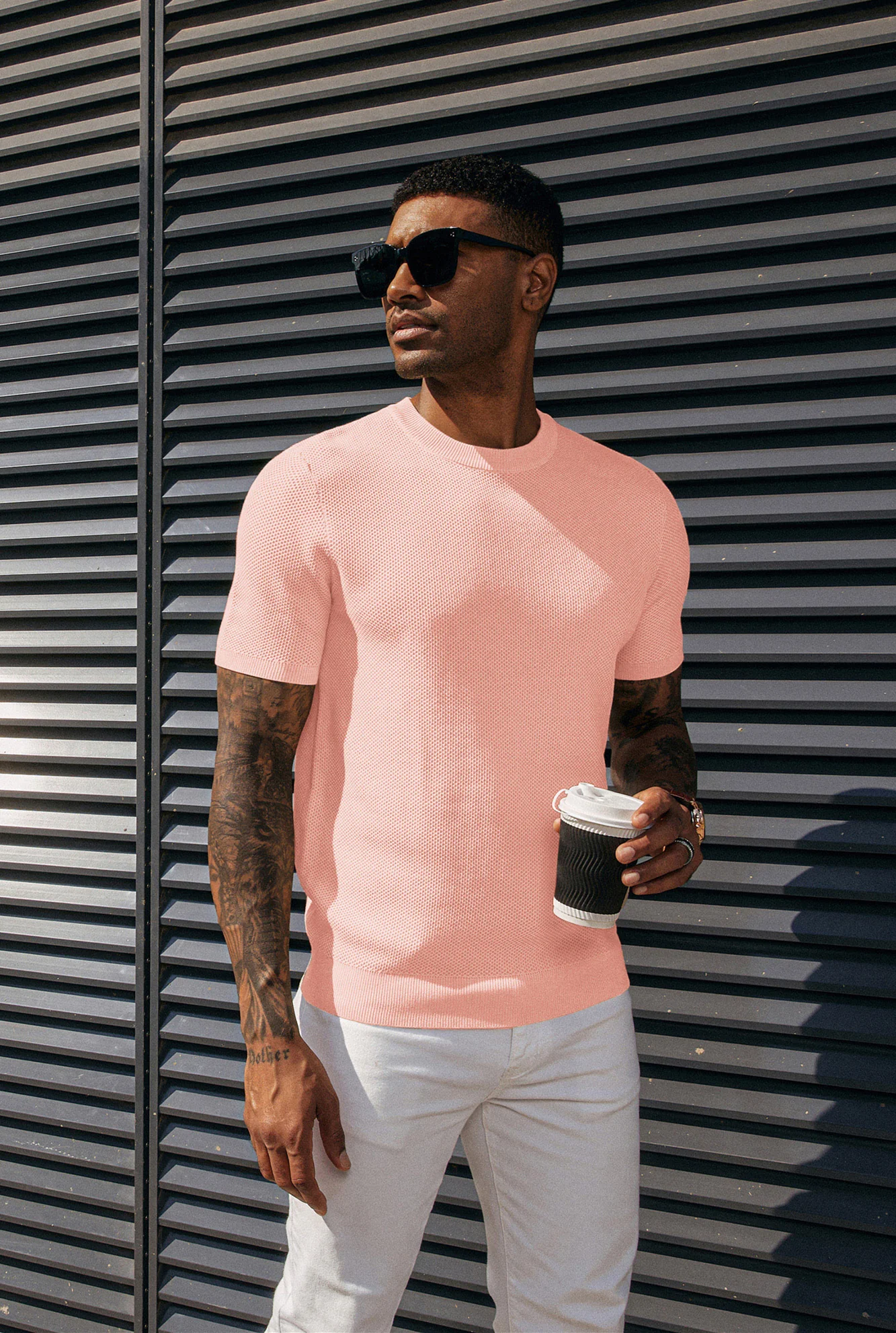 Men's T-Shirts Casual Knit Short Sleeve Crewneck Honeycomb Waffle Solid Knitted Pullover Tees - Image 58