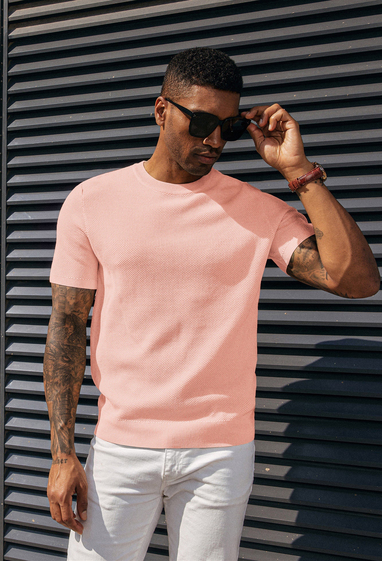 Men's T-Shirts Casual Knit Short Sleeve Crewneck Honeycomb Waffle Solid Knitted Pullover Tees - Image 59