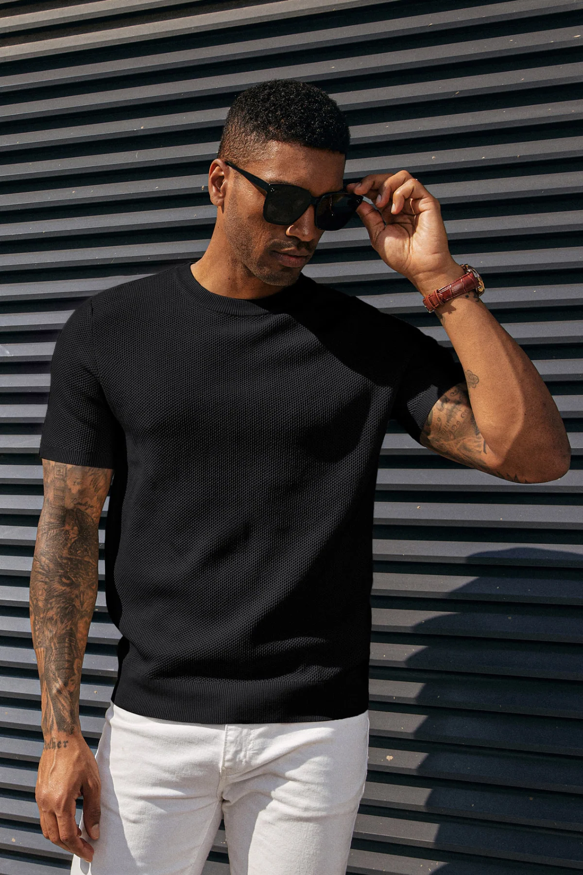 Men's T-Shirts Casual Knit Short Sleeve Crewneck Honeycomb Waffle Solid Knitted Pullover Tees - Image 6