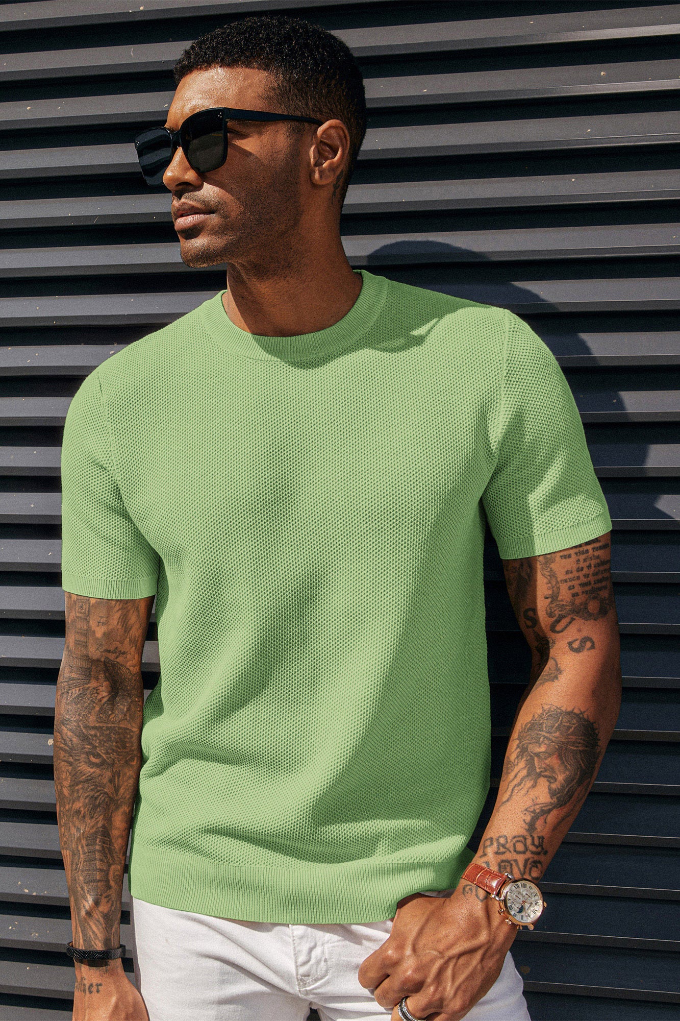 Men's T-Shirts Casual Knit Short Sleeve Crewneck Honeycomb Waffle Solid Knitted Pullover Tees - Image 64