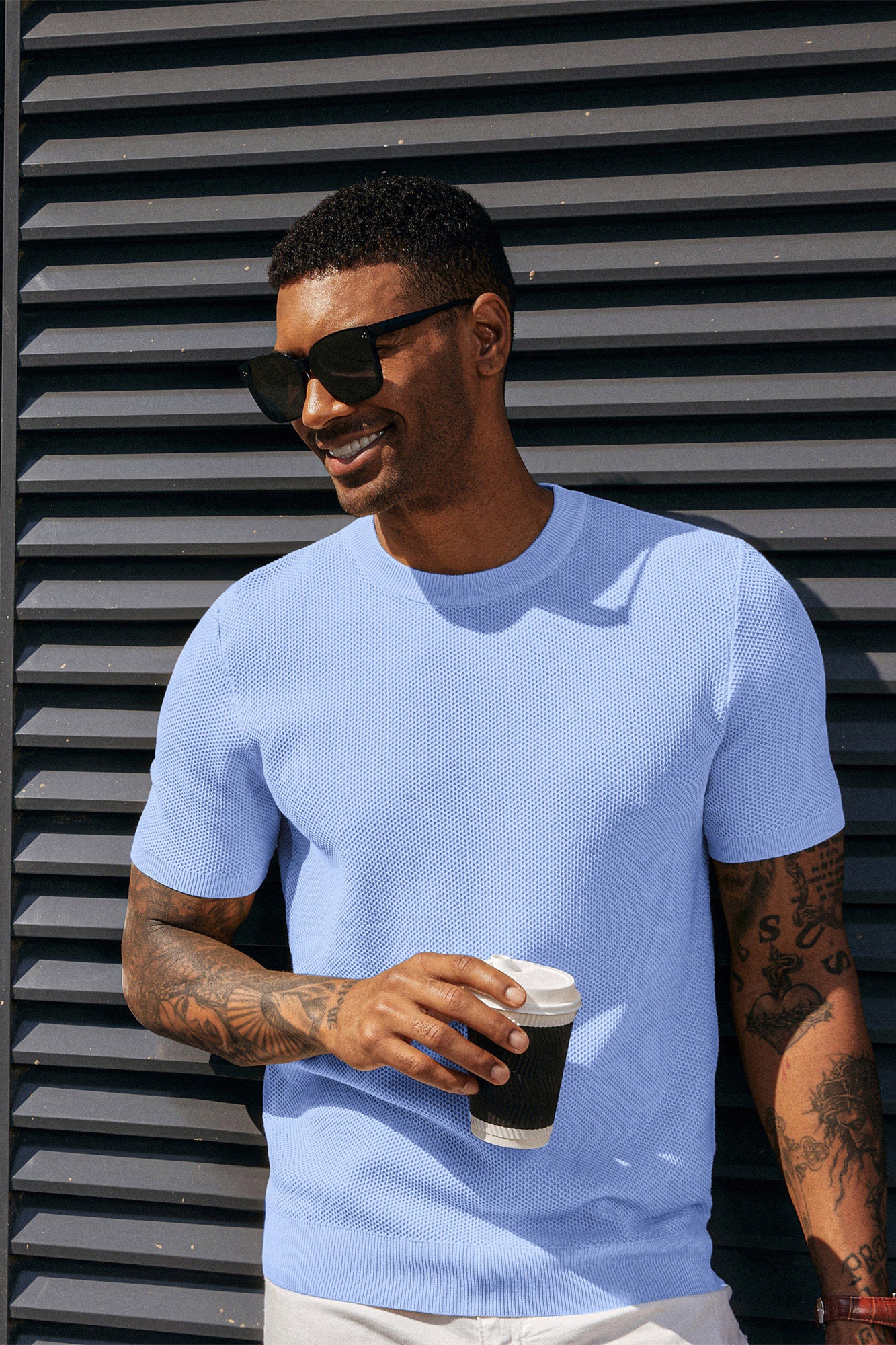 Men's T-Shirts Casual Knit Short Sleeve Crewneck Honeycomb Waffle Solid Knitted Pullover Tees - Image 68