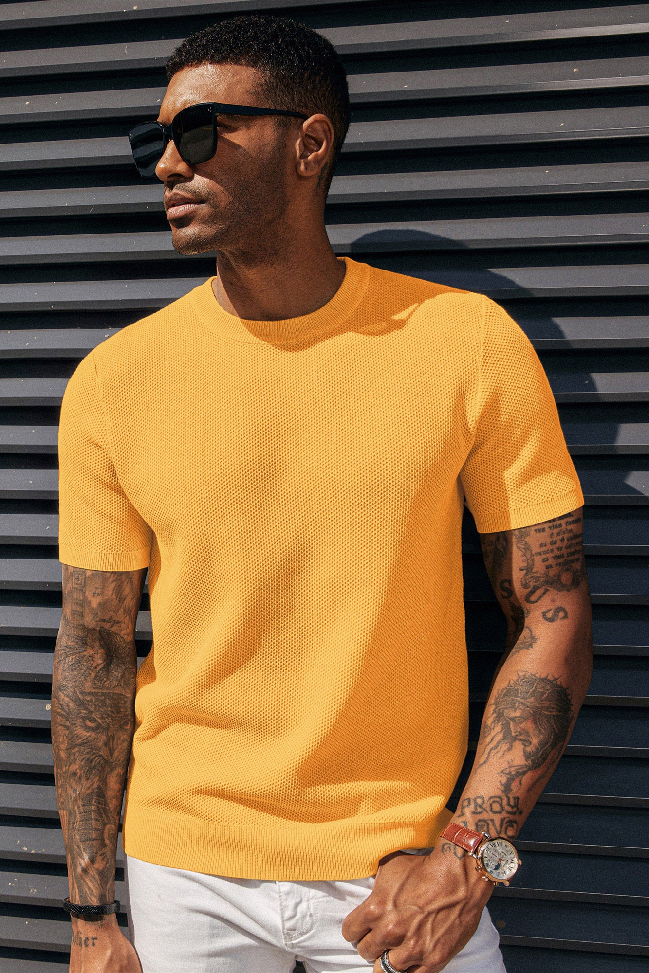 Men's T-Shirts Casual Knit Short Sleeve Crewneck Honeycomb Waffle Solid Knitted Pullover Tees - Image 75