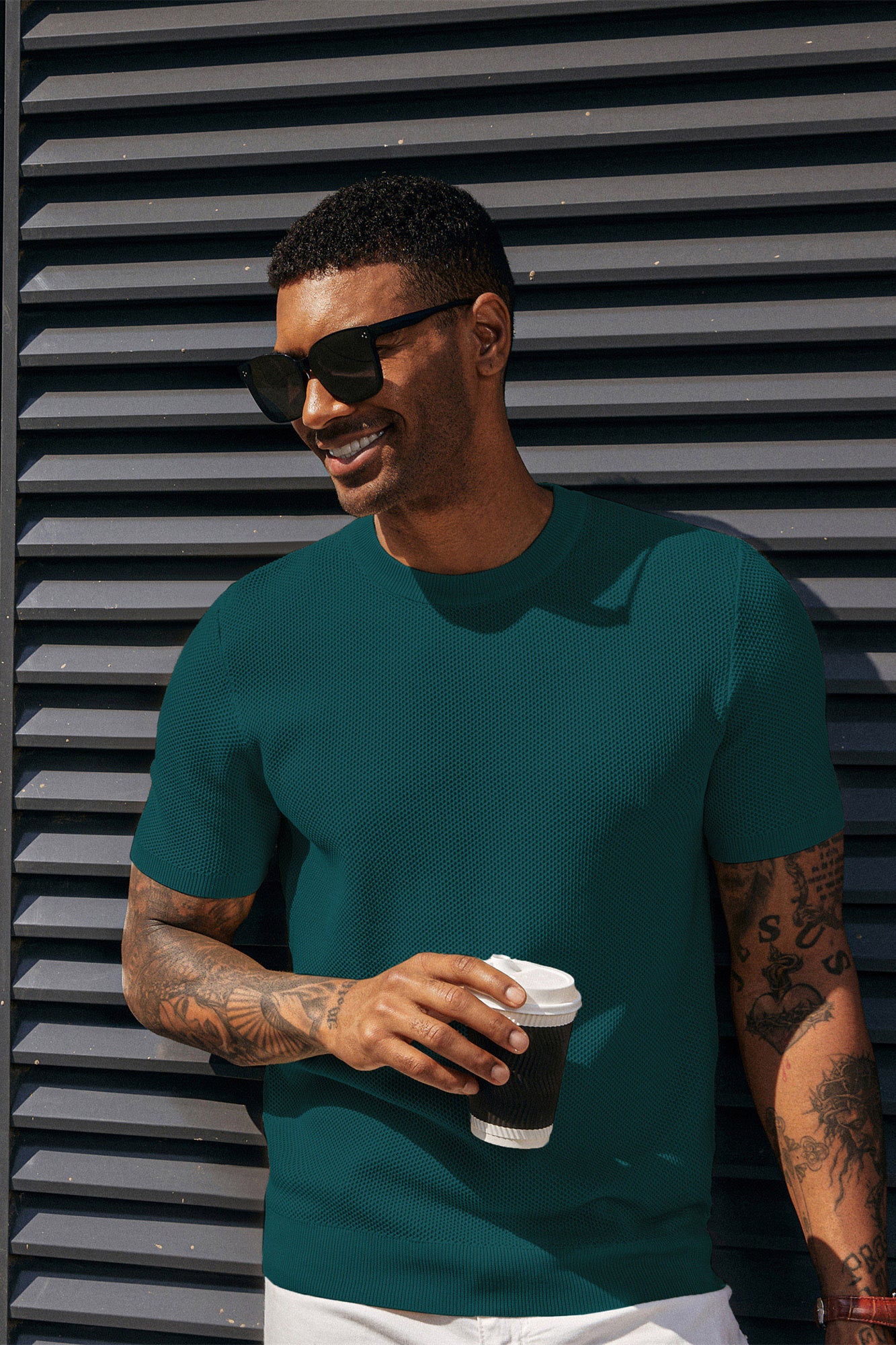 Men's T-Shirts Casual Knit Short Sleeve Crewneck Honeycomb Waffle Solid Knitted Pullover Tees - Image 77