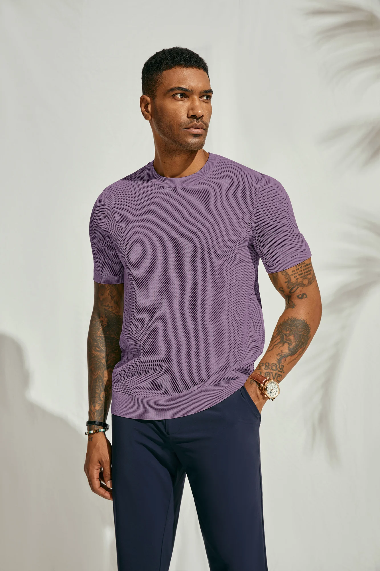 Men's T-Shirts Casual Knit Short Sleeve Crewneck Honeycomb Waffle Solid Knitted Pullover Tees - Image 84