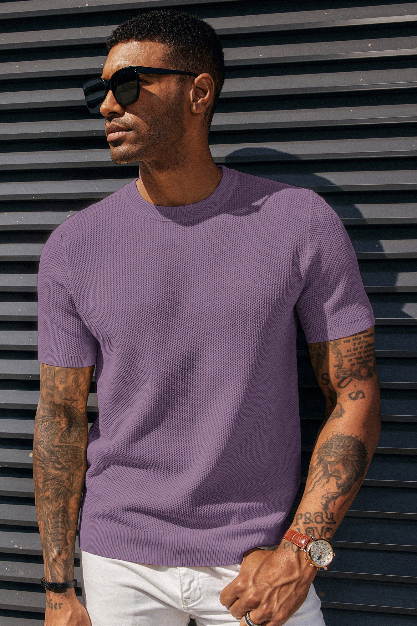 Men's T-Shirts Casual Knit Short Sleeve Crewneck Honeycomb Waffle Solid Knitted Pullover Tees - Image 85