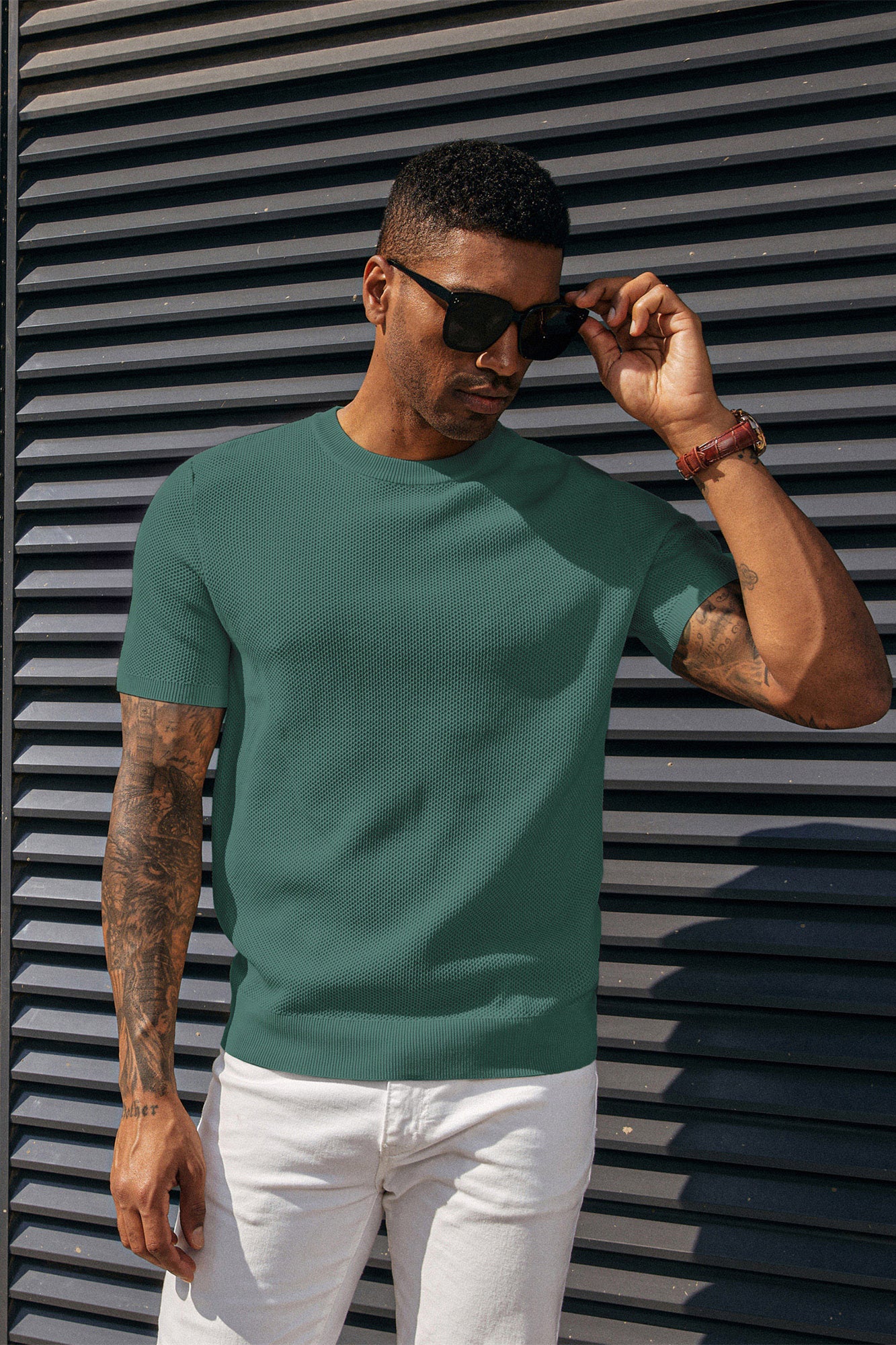 Men's T-Shirts Casual Knit Short Sleeve Crewneck Honeycomb Waffle Solid Knitted Pullover Tees - Image 88
