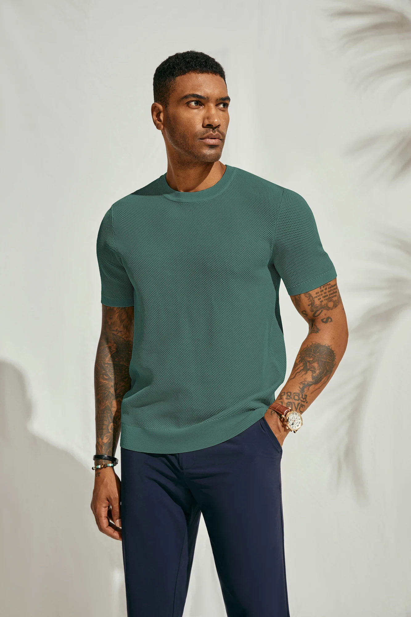 Men's T-Shirts Casual Knit Short Sleeve Crewneck Honeycomb Waffle Solid Knitted Pullover Tees - Image 90