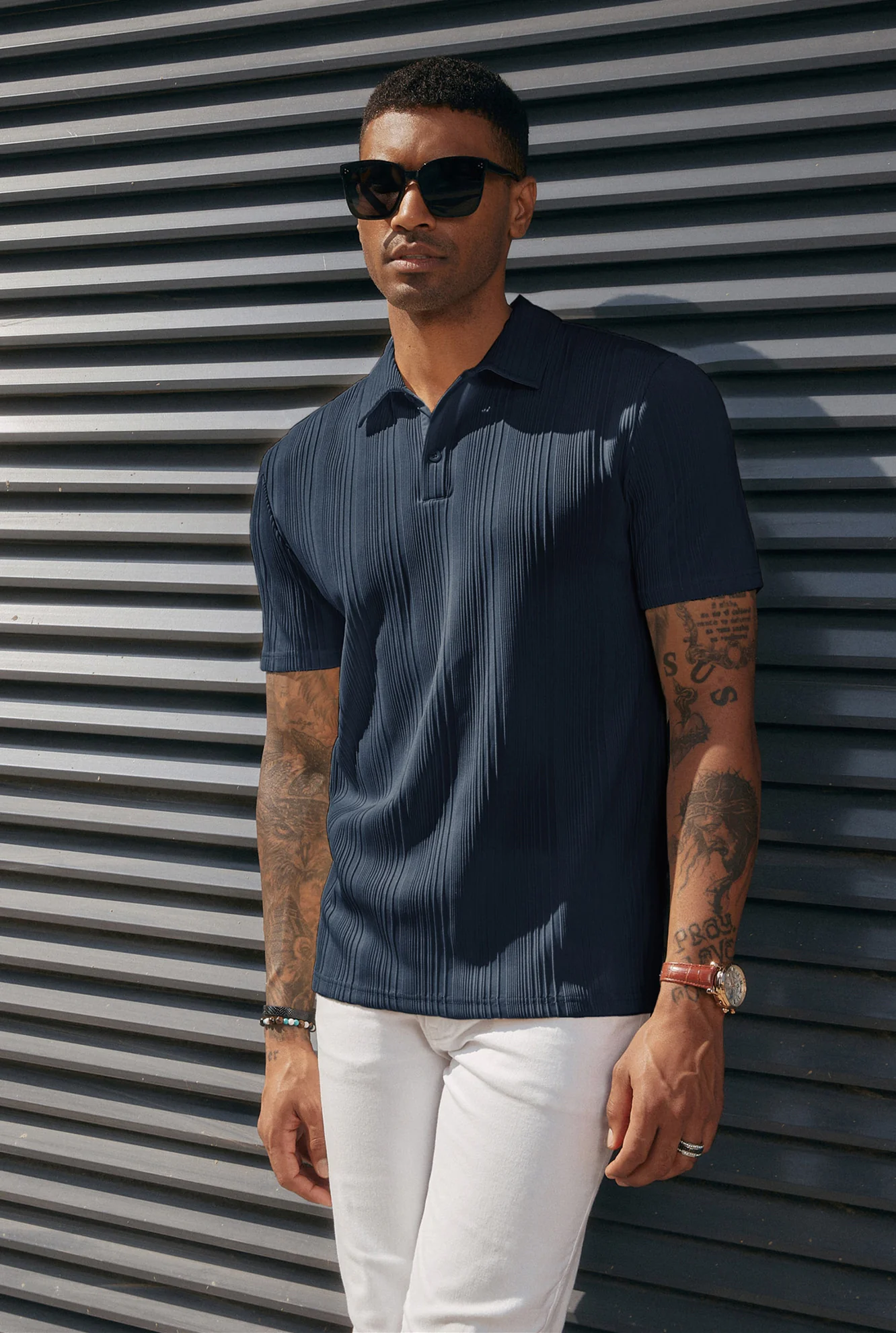 Mens Textured Knit Polo Shirts Regular Fit Stretchy Golf Shirts - Image 10