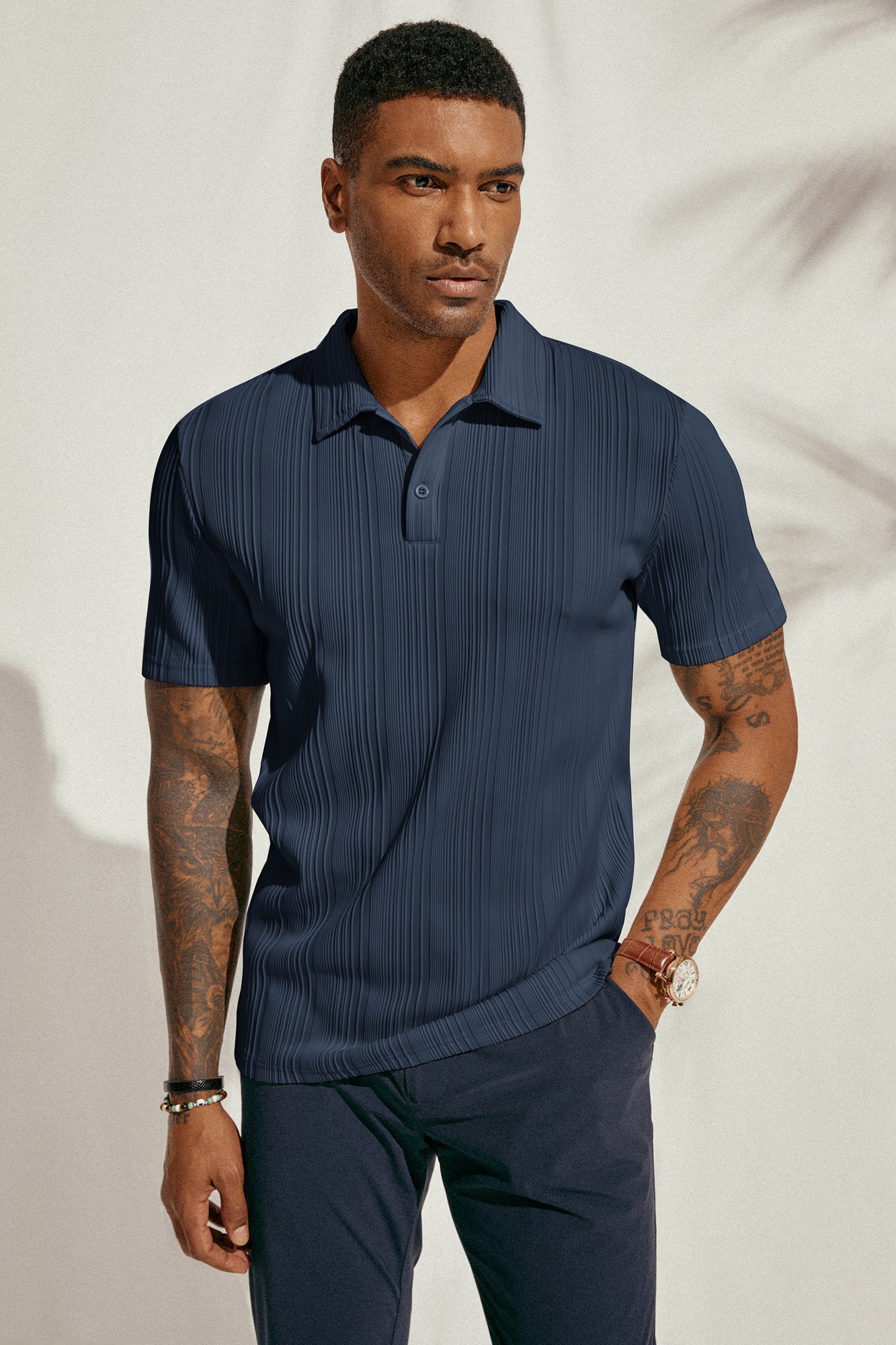 Mens Textured Knit Polo Shirts Regular Fit Stretchy Golf Shirts - Image 12