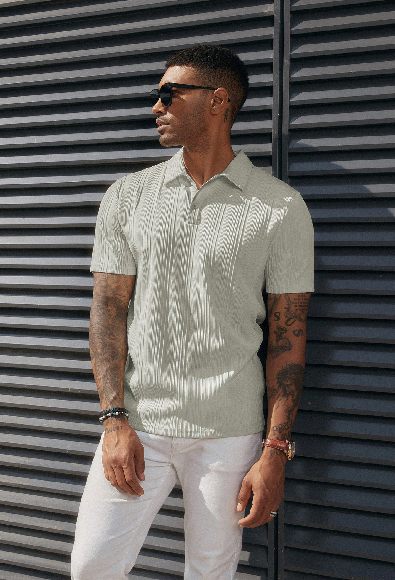 Mens Textured Knit Polo Shirts Regular Fit Stretchy Golf Shirts - Image 26