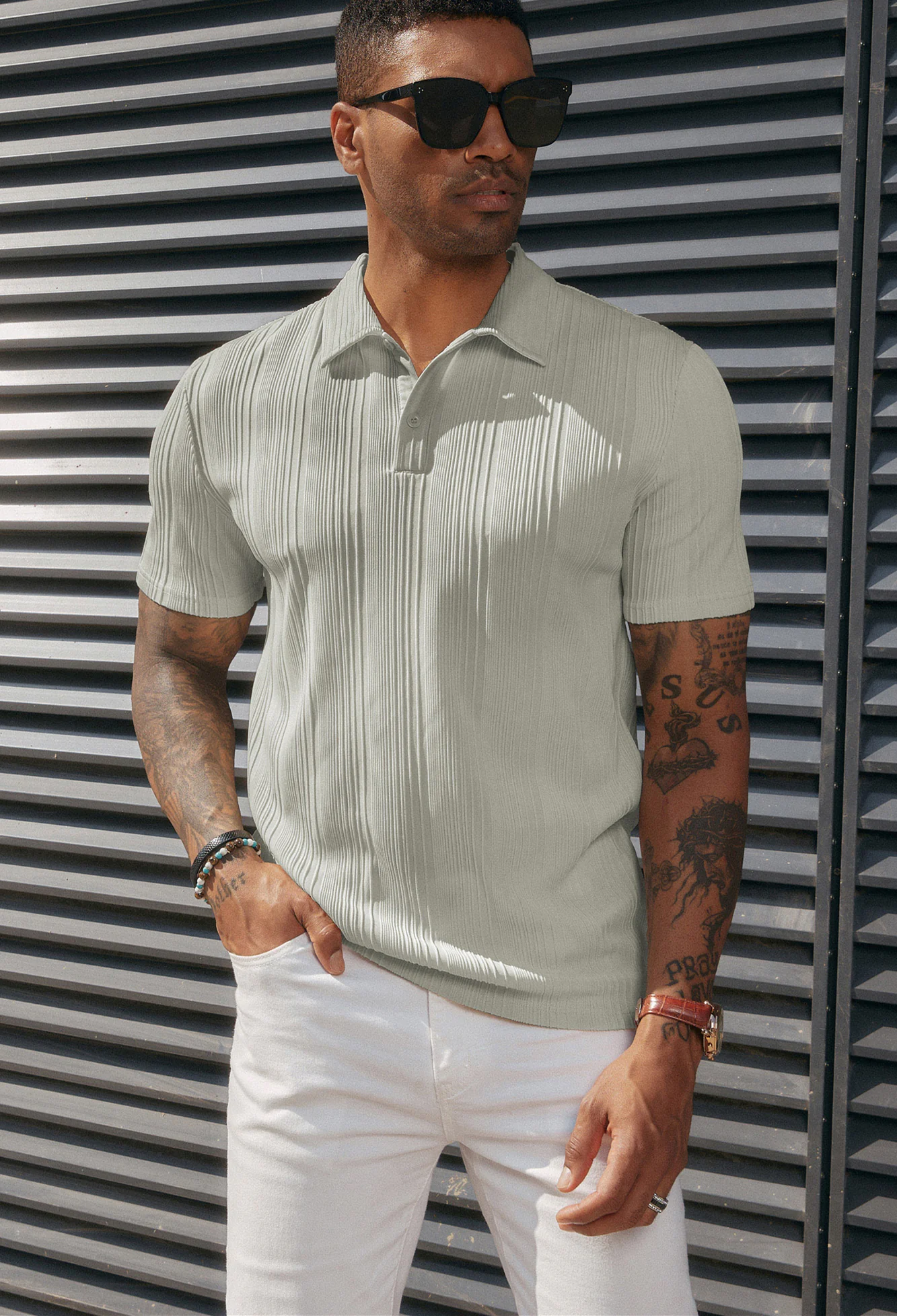 Mens Textured Knit Polo Shirts Regular Fit Stretchy Golf Shirts - Image 27
