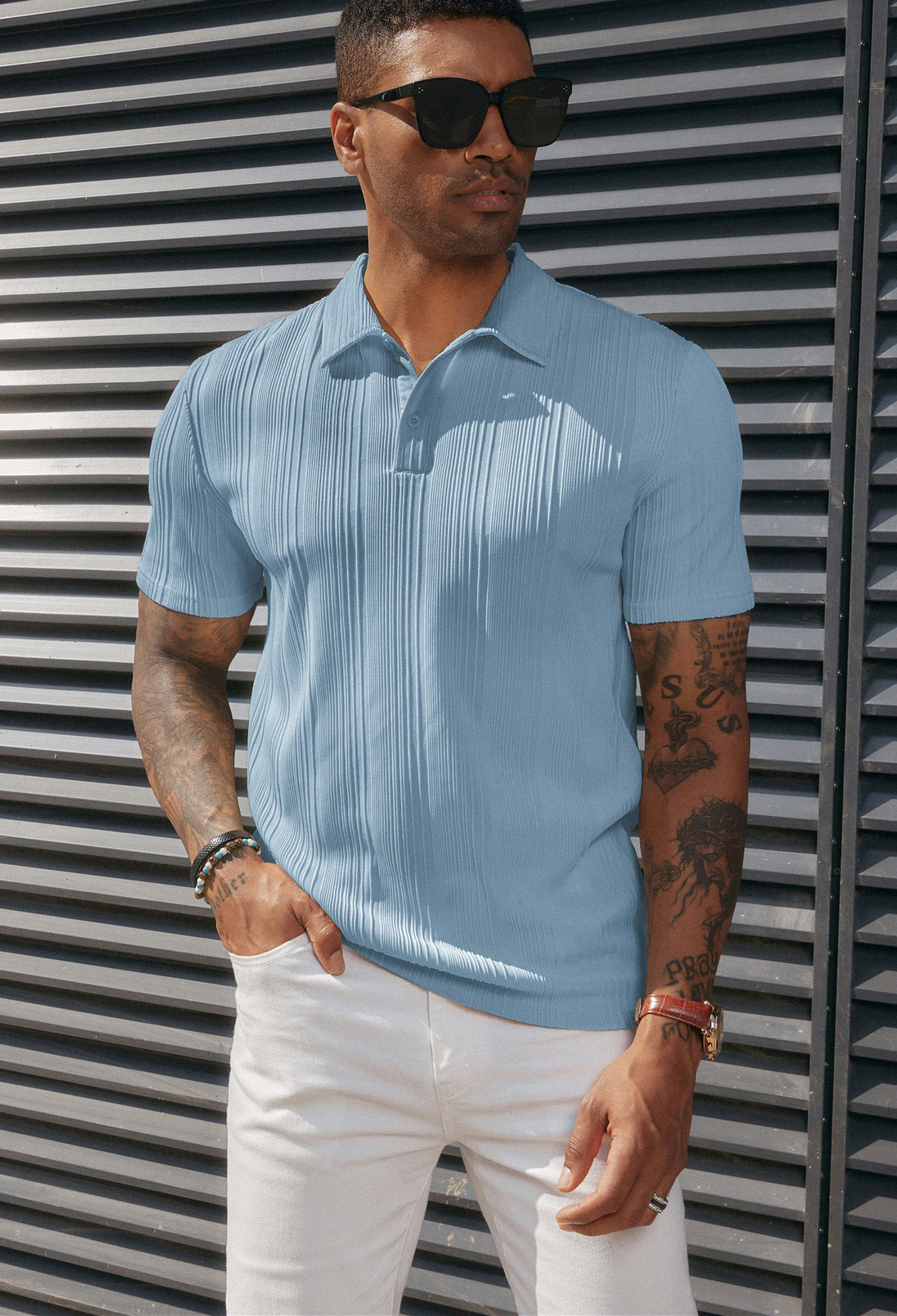 Mens Textured Knit Polo Shirts Regular Fit Stretchy Golf Shirts - Image 32
