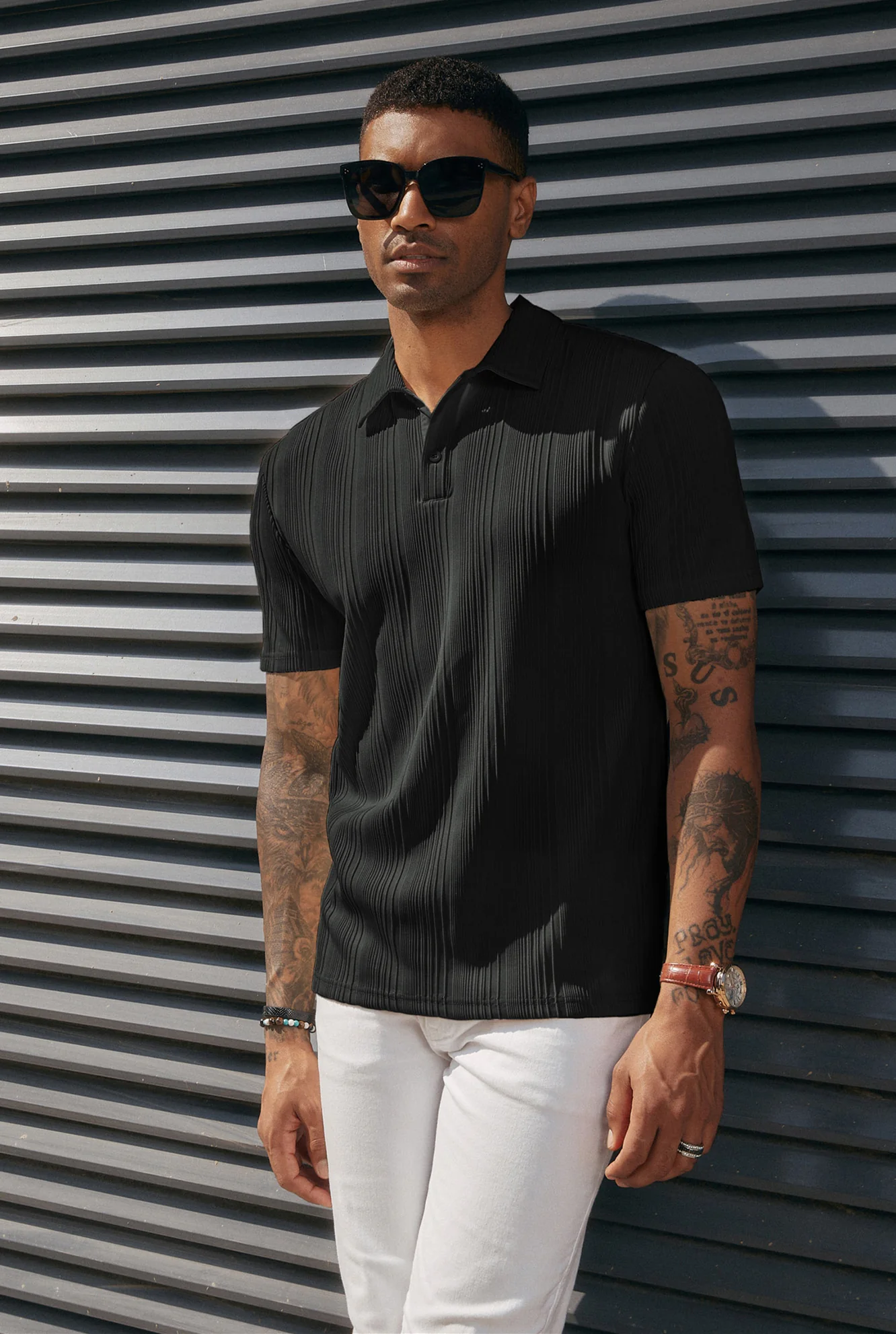 Mens Textured Knit Polo Shirts Regular Fit Stretchy Golf Shirts - Image 4