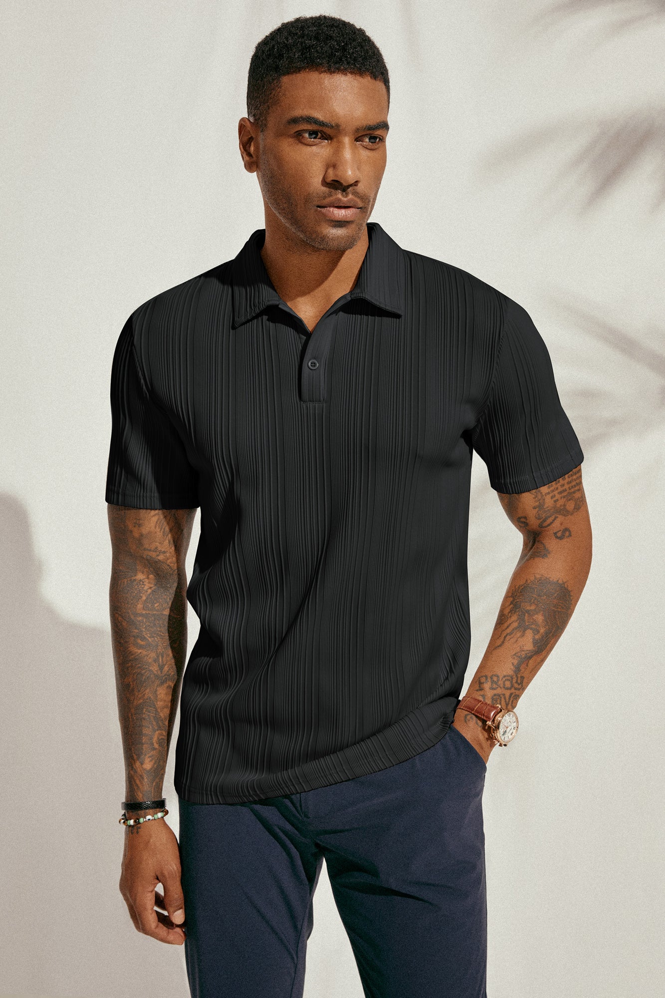 Mens Textured Knit Polo Shirts Regular Fit Stretchy Golf Shirts - Image 6