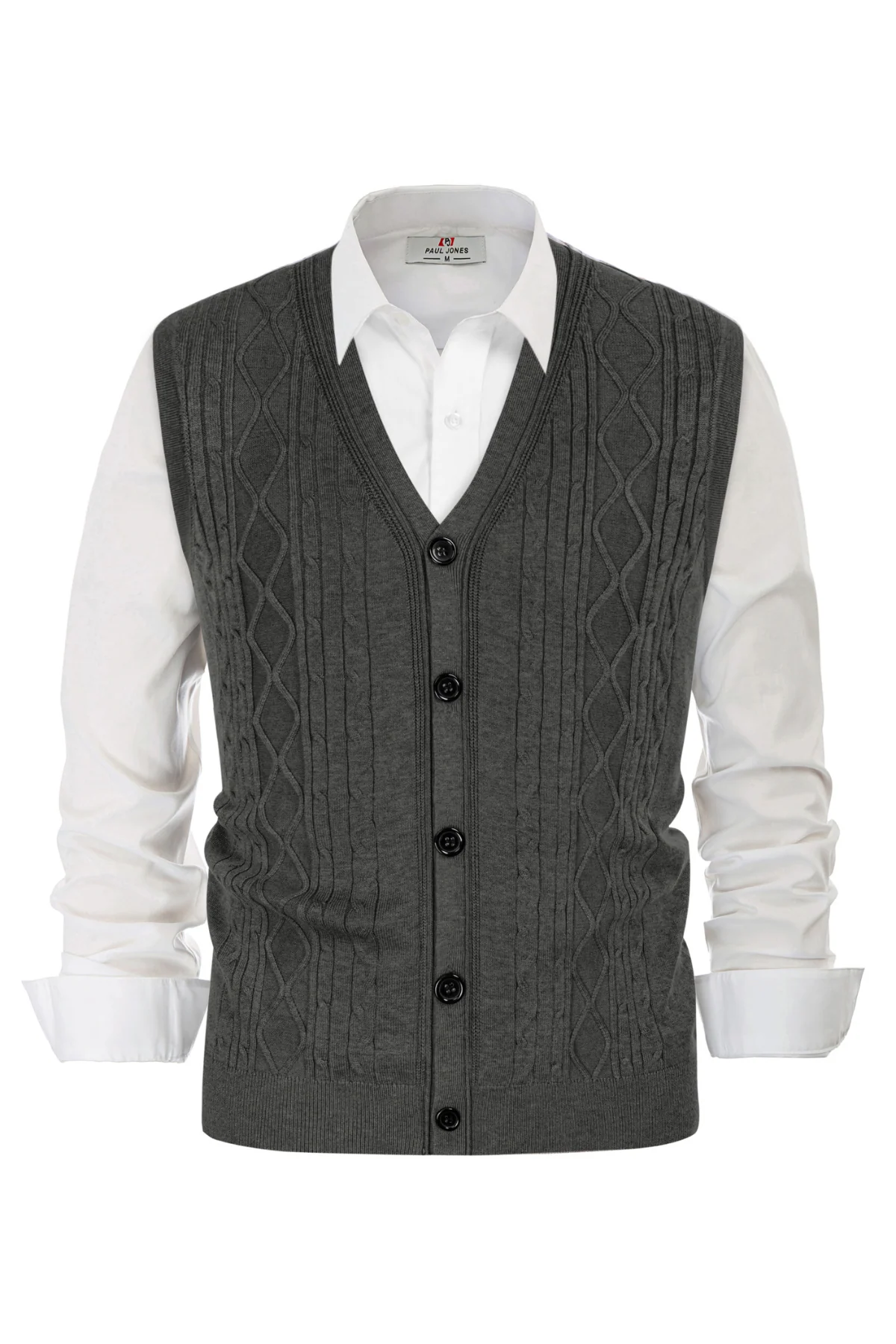 Mens V-Neck Sweater Vest Cable Knitted Button-Up Sleeveless Cardigan Vest - Image 10