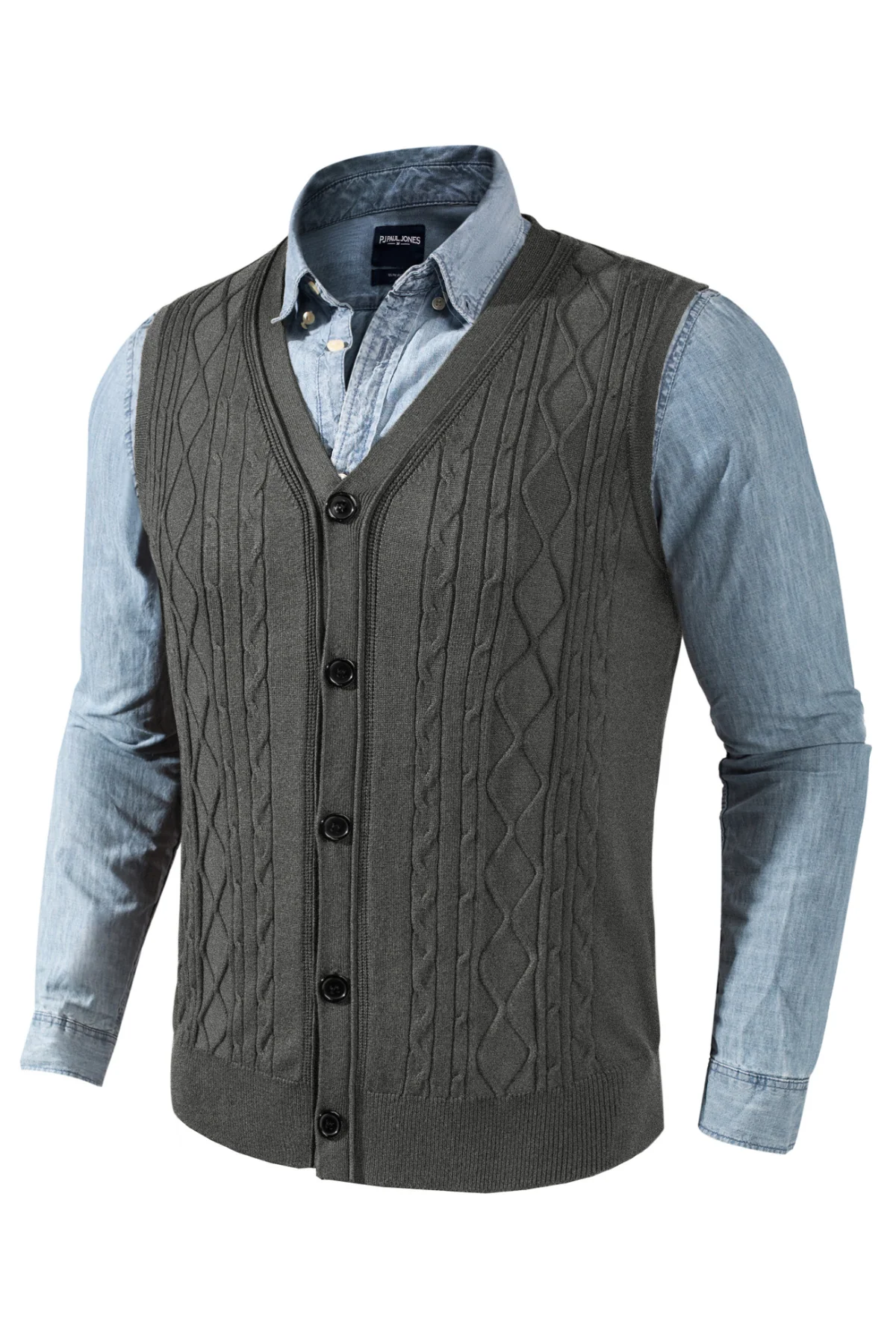 Mens V-Neck Sweater Vest Cable Knitted Button-Up Sleeveless Cardigan Vest - Image 11