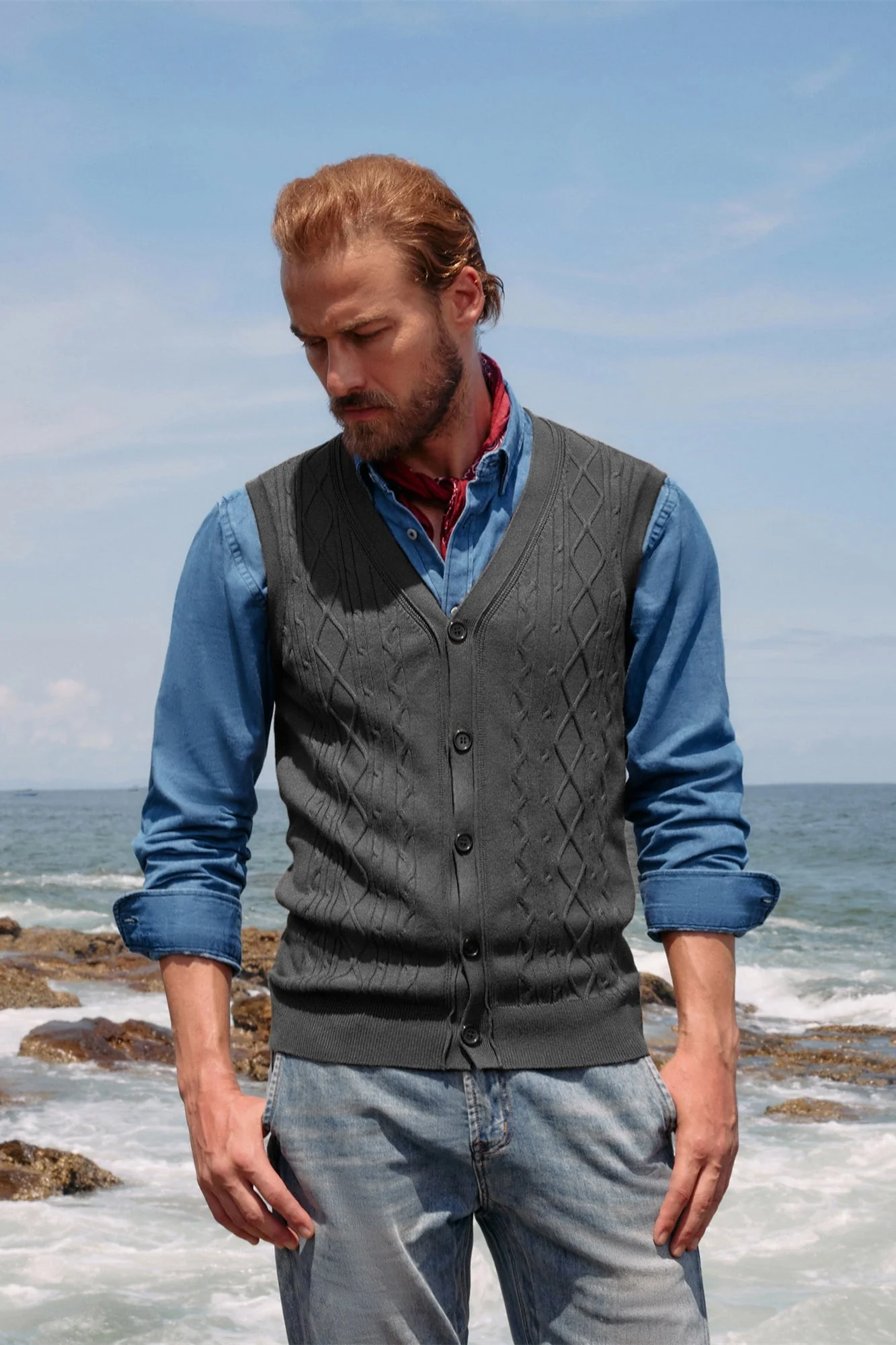 Mens V-Neck Sweater Vest Cable Knitted Button-Up Sleeveless Cardigan Vest - Image 13