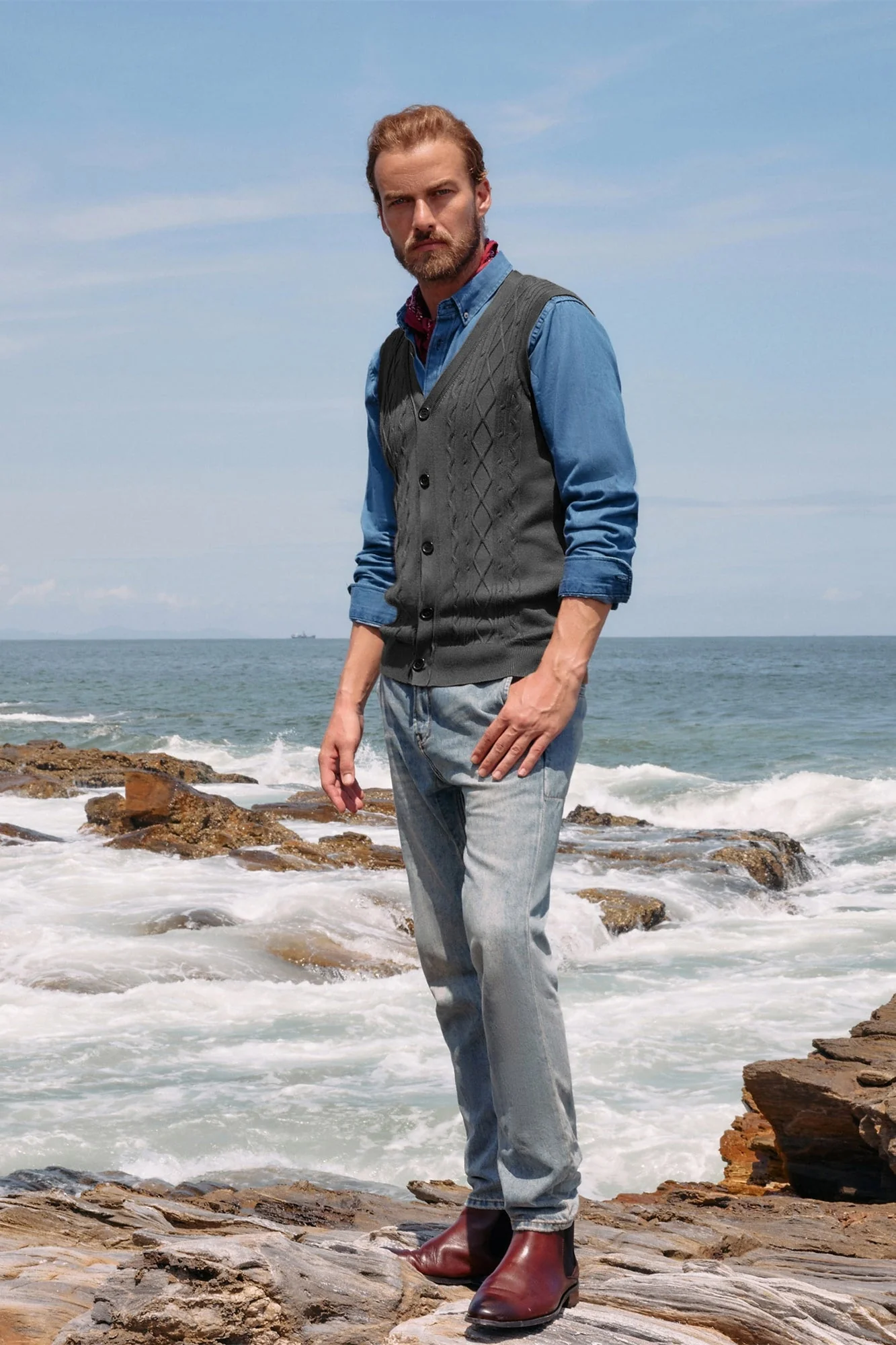 Mens V-Neck Sweater Vest Cable Knitted Button-Up Sleeveless Cardigan Vest - Image 15