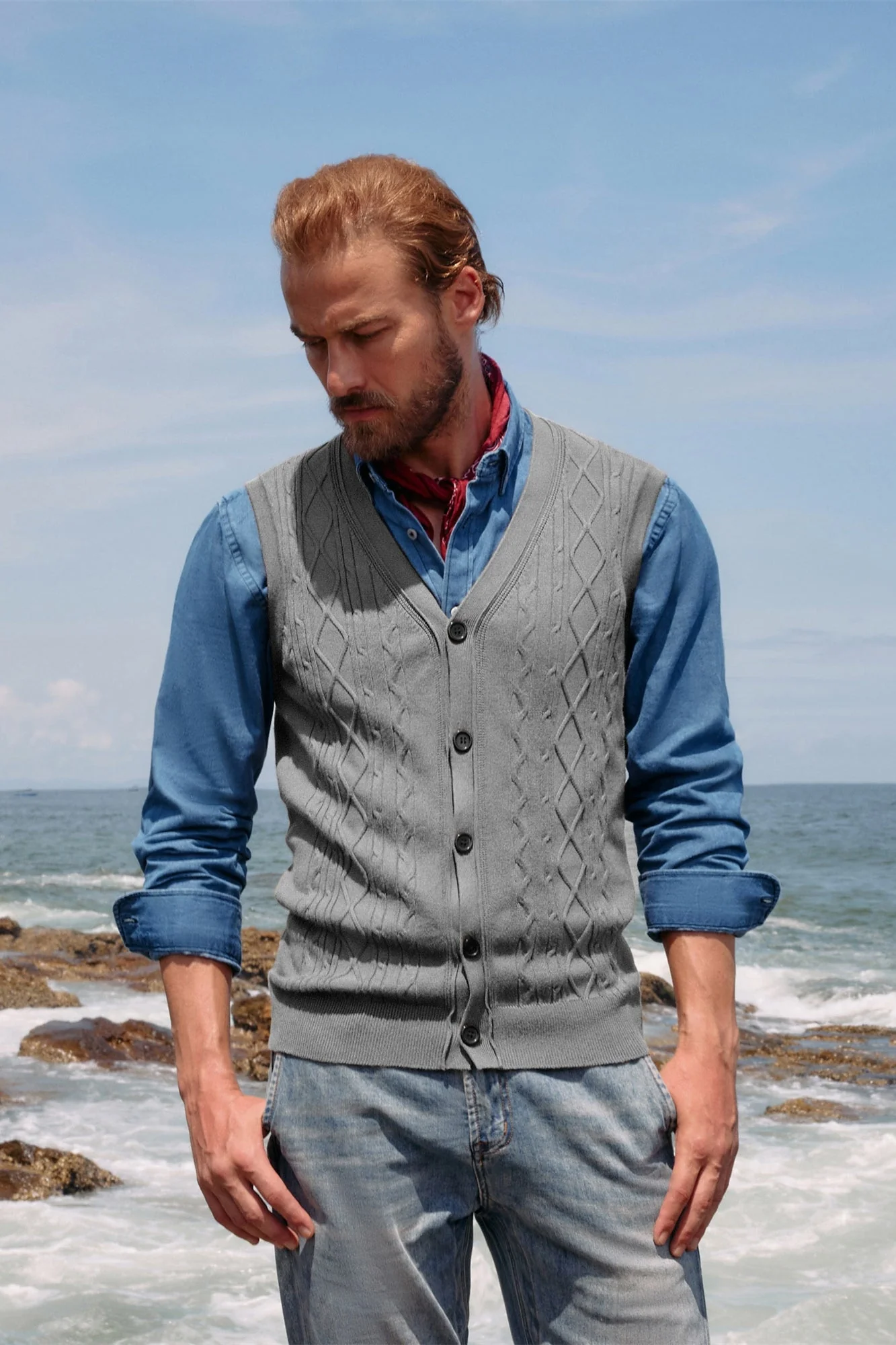 Mens V-Neck Sweater Vest Cable Knitted Button-Up Sleeveless Cardigan Vest - Image 19