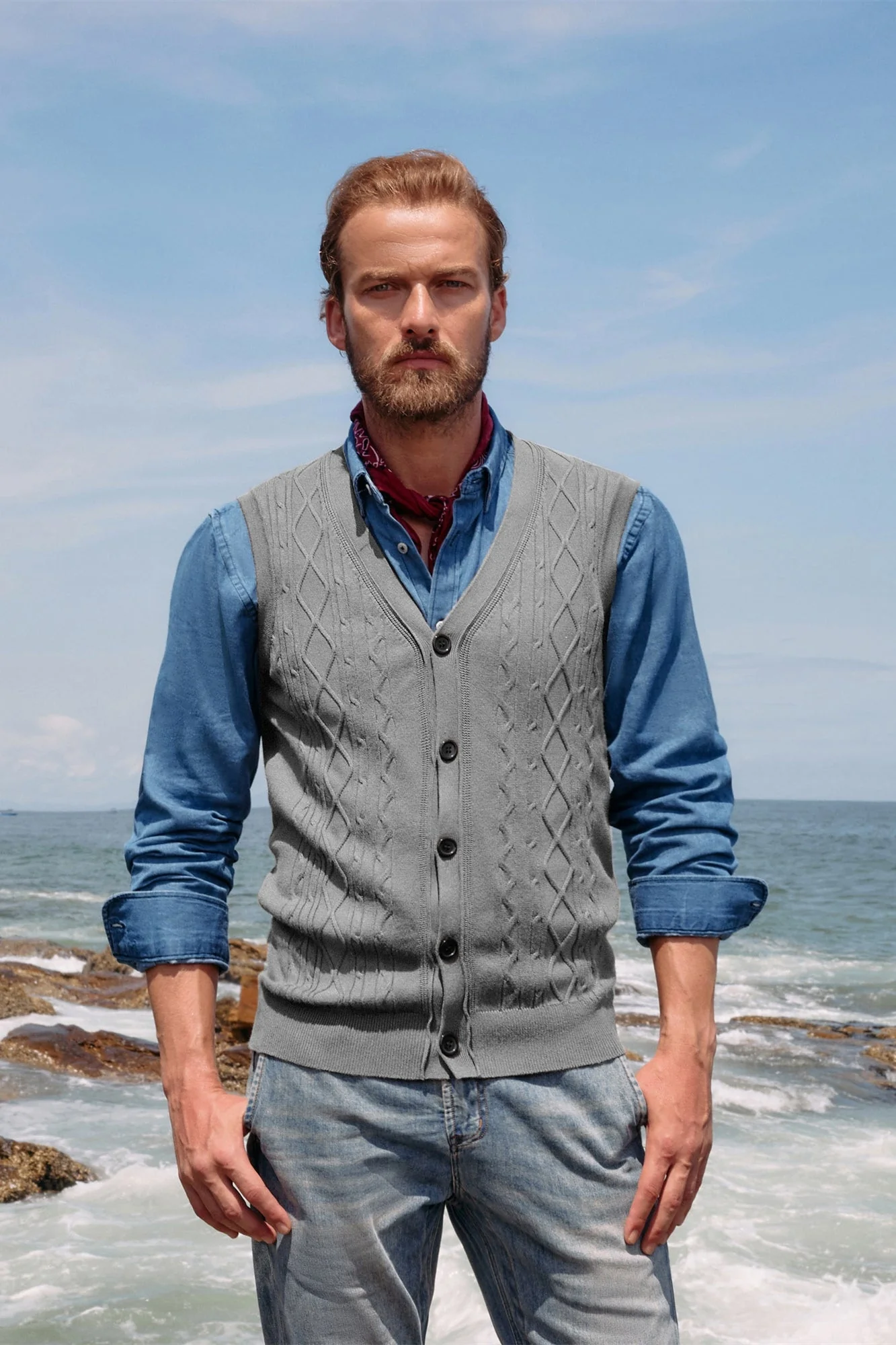 Mens V-Neck Sweater Vest Cable Knitted Button-Up Sleeveless Cardigan Vest - Image 20