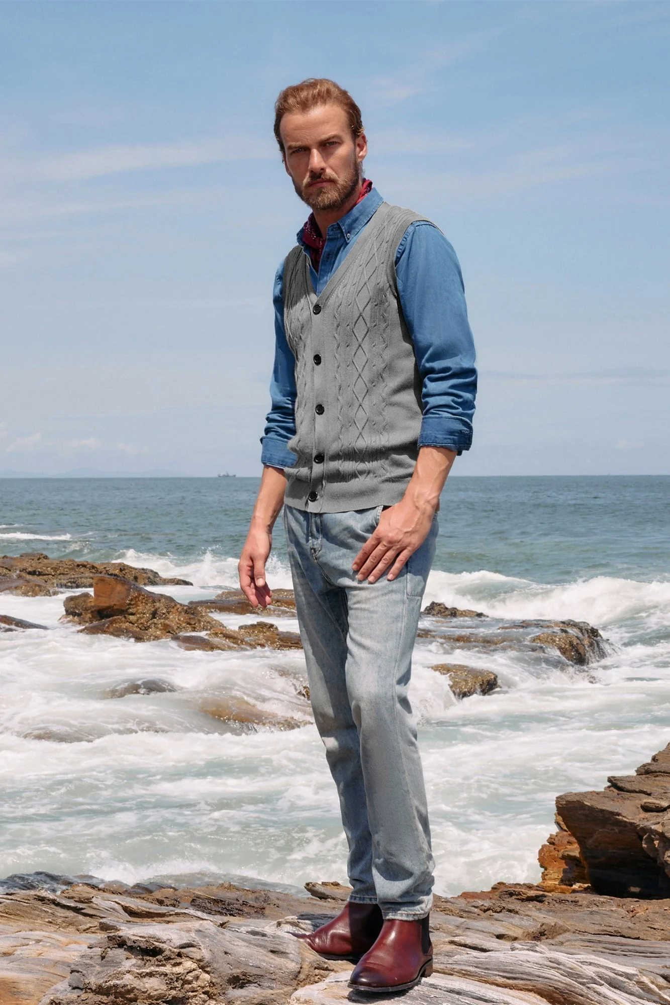 Mens V-Neck Sweater Vest Cable Knitted Button-Up Sleeveless Cardigan Vest - Image 21