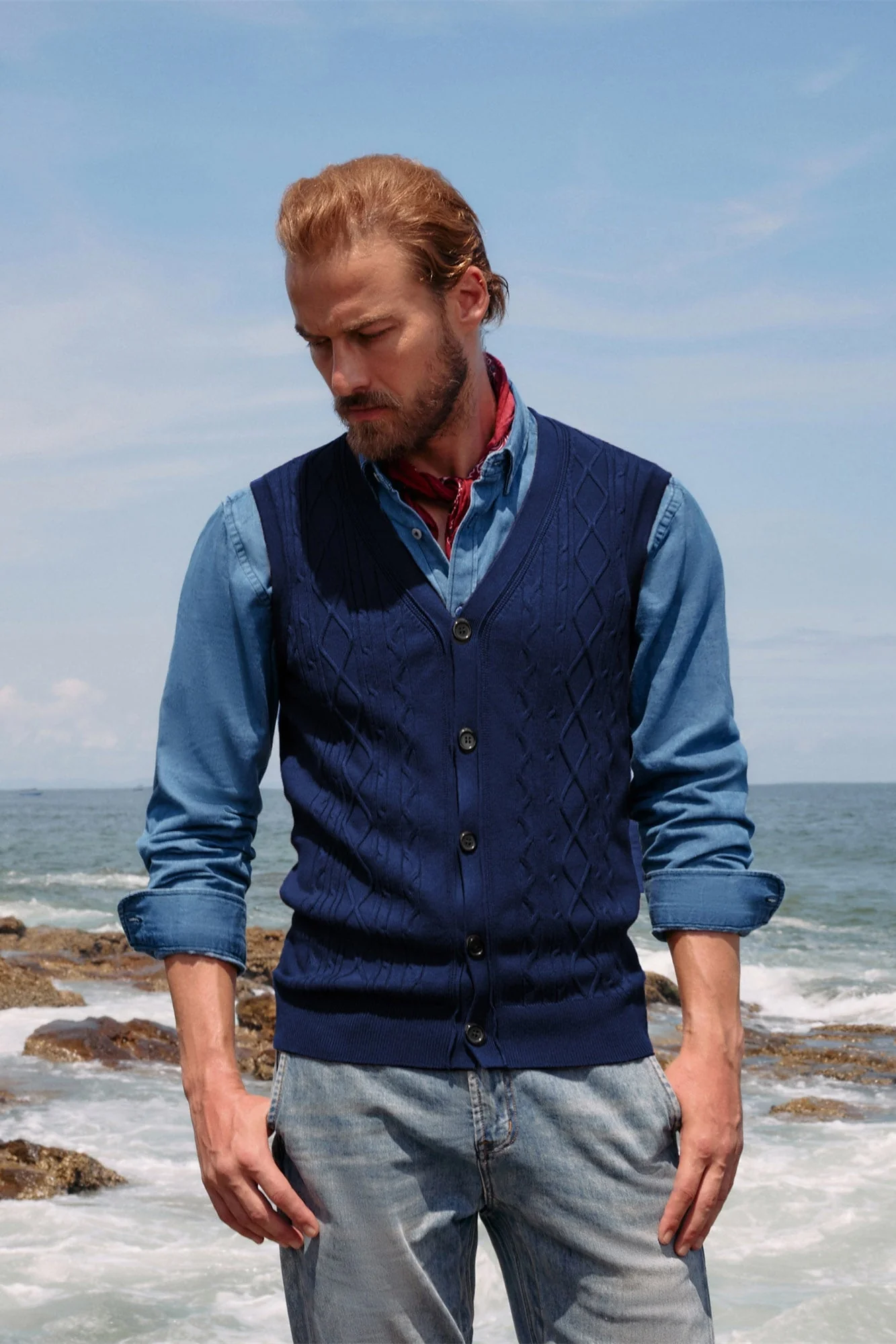 Mens V-Neck Sweater Vest Cable Knitted Button-Up Sleeveless Cardigan Vest - Image 25