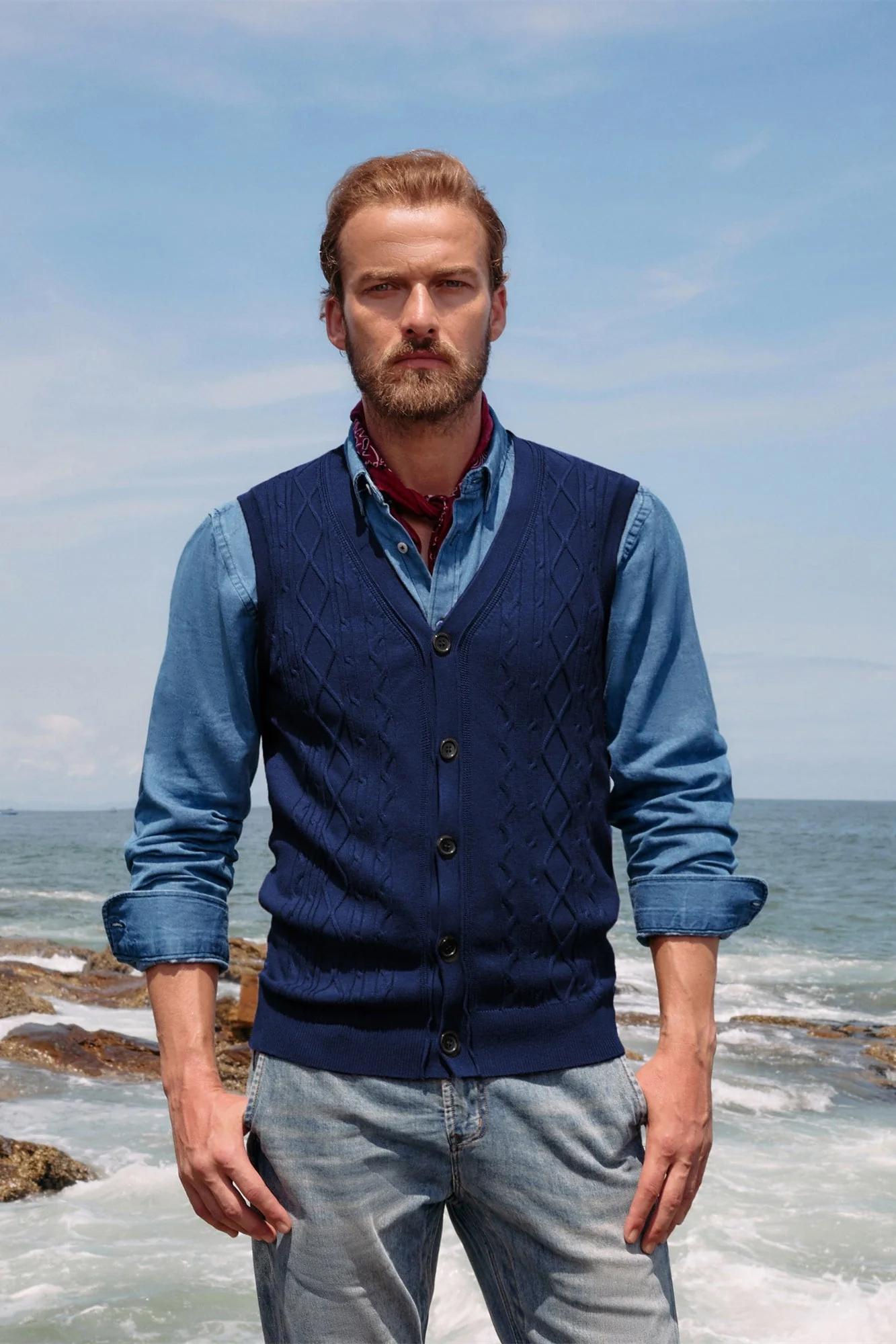 Mens V-Neck Sweater Vest Cable Knitted Button-Up Sleeveless Cardigan Vest - Image 26