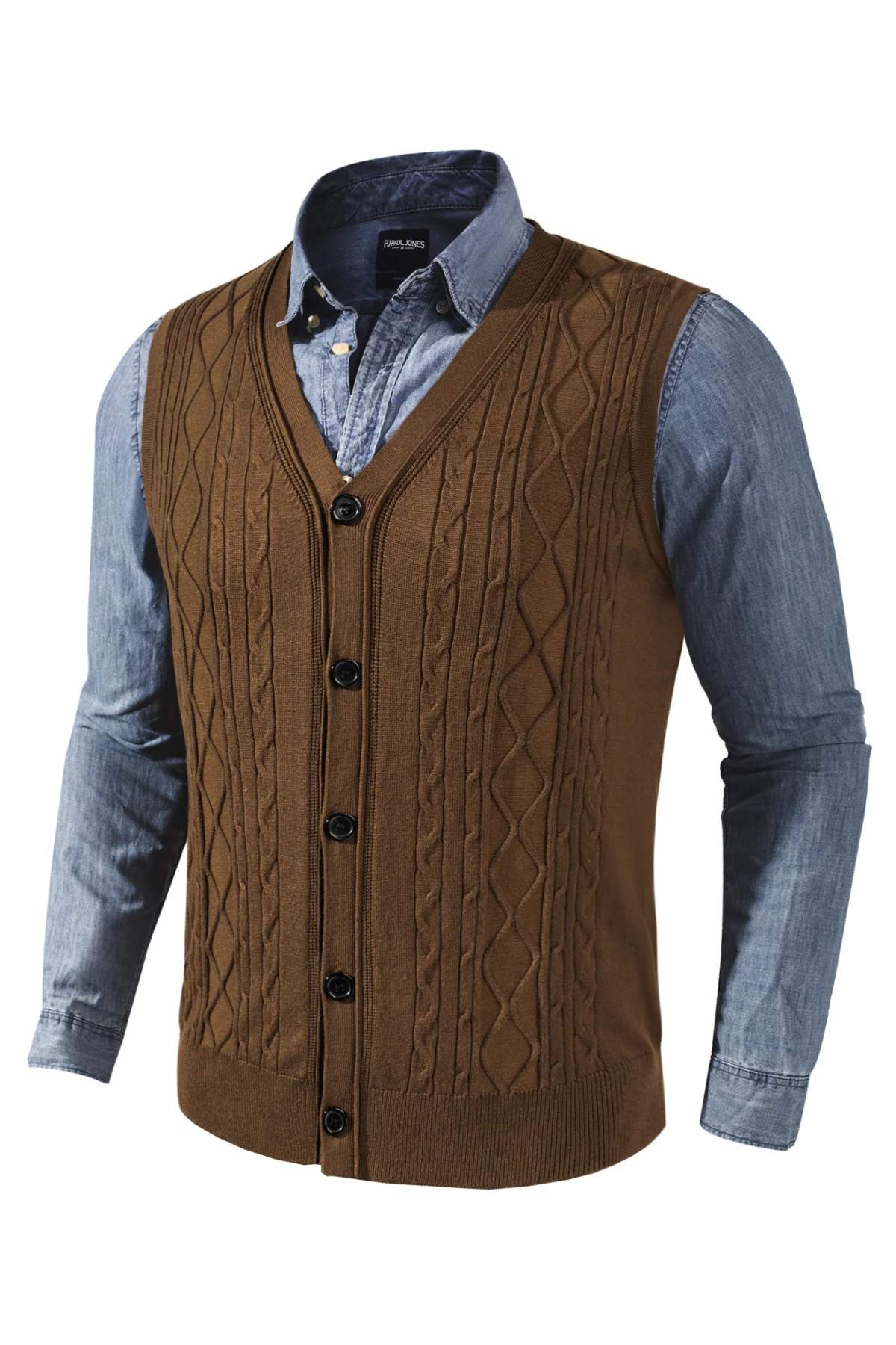Mens V-Neck Sweater Vest Cable Knitted Button-Up Sleeveless Cardigan Vest - Image 29