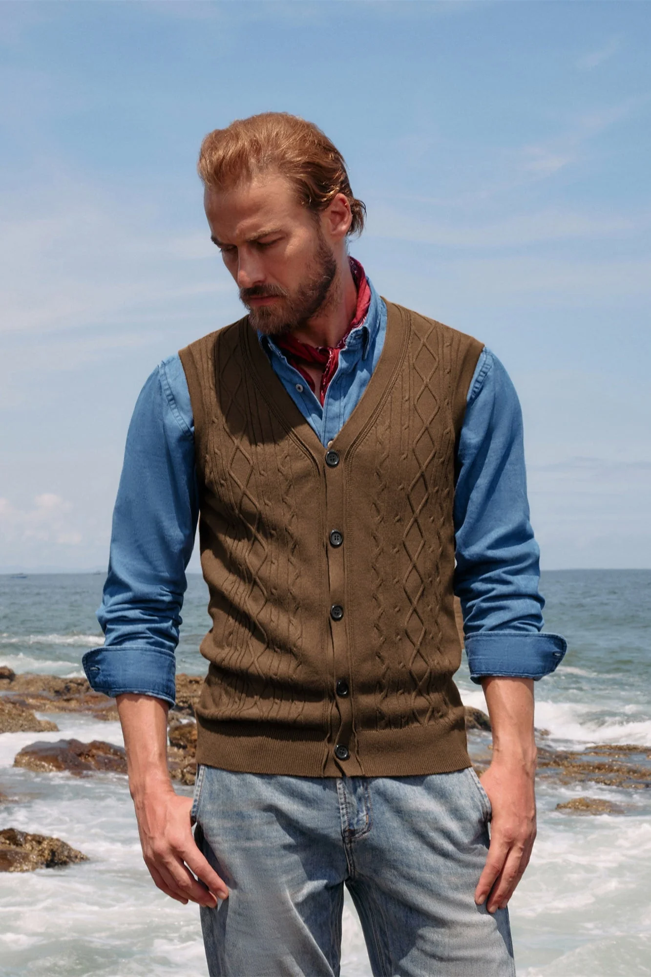 Mens V-Neck Sweater Vest Cable Knitted Button-Up Sleeveless Cardigan Vest - Image 32