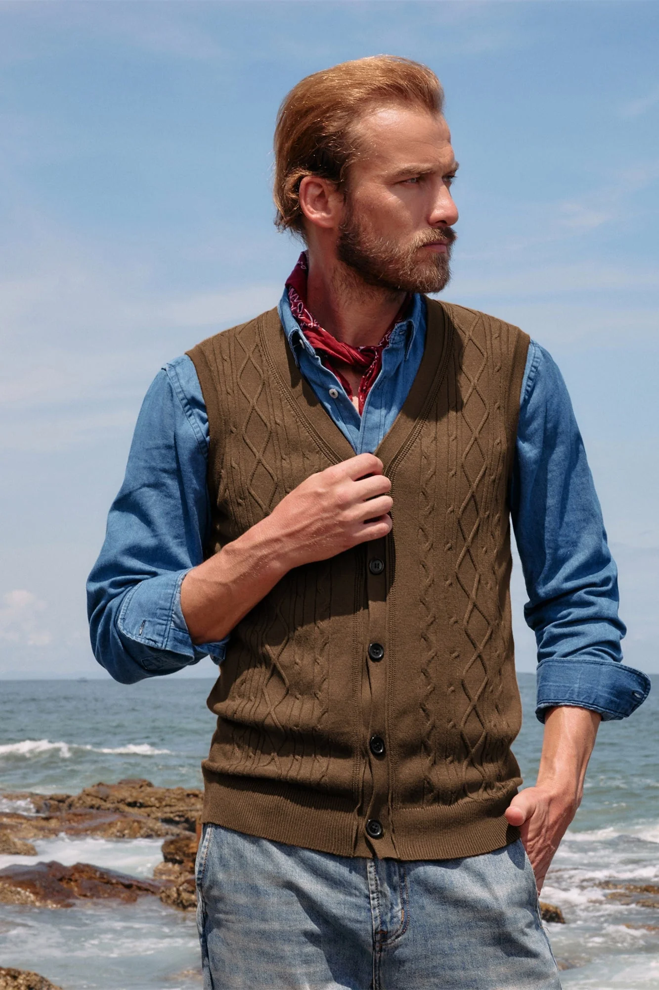 Mens V-Neck Sweater Vest Cable Knitted Button-Up Sleeveless Cardigan Vest - Image 33