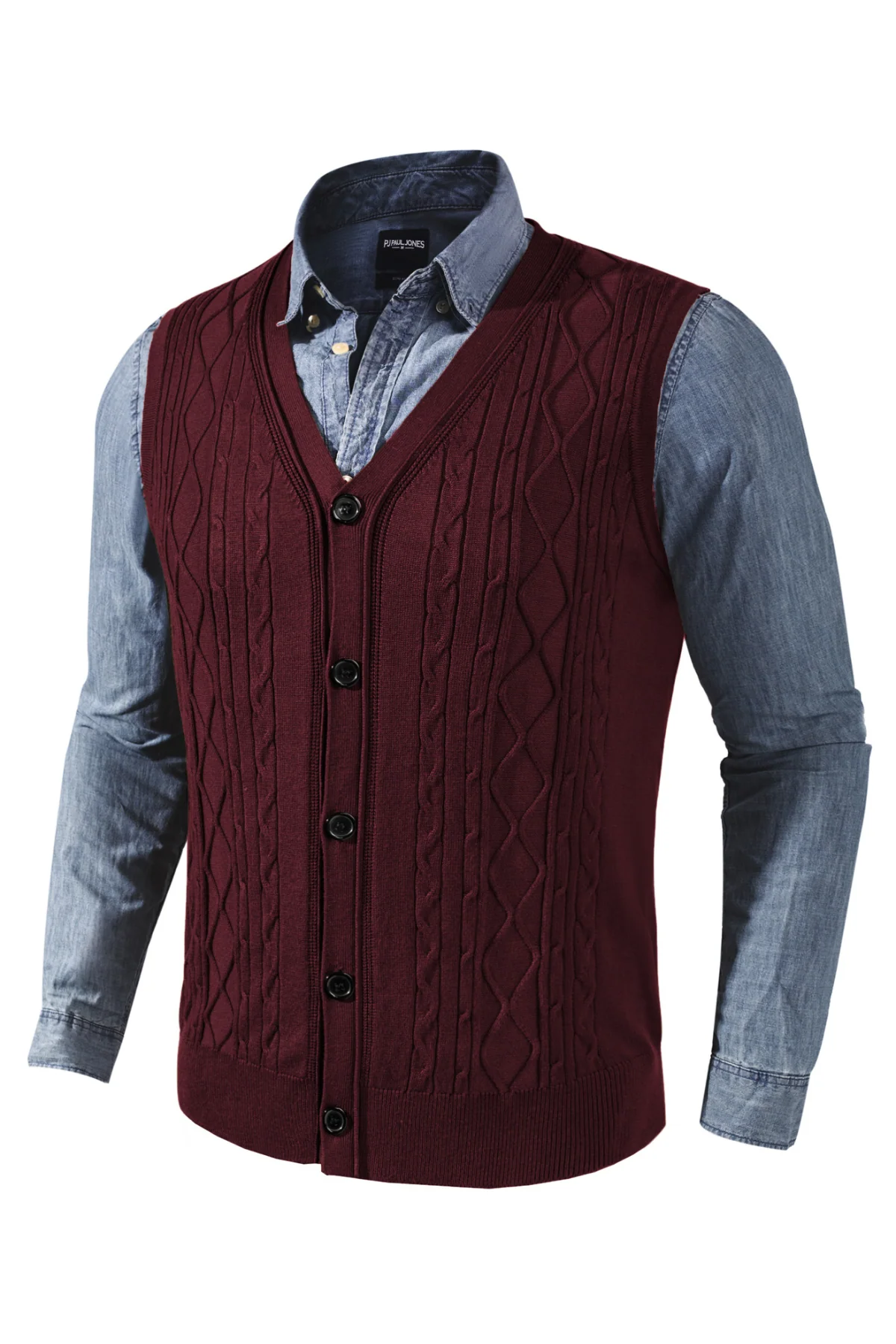 Mens V-Neck Sweater Vest Cable Knitted Button-Up Sleeveless Cardigan Vest - Image 35