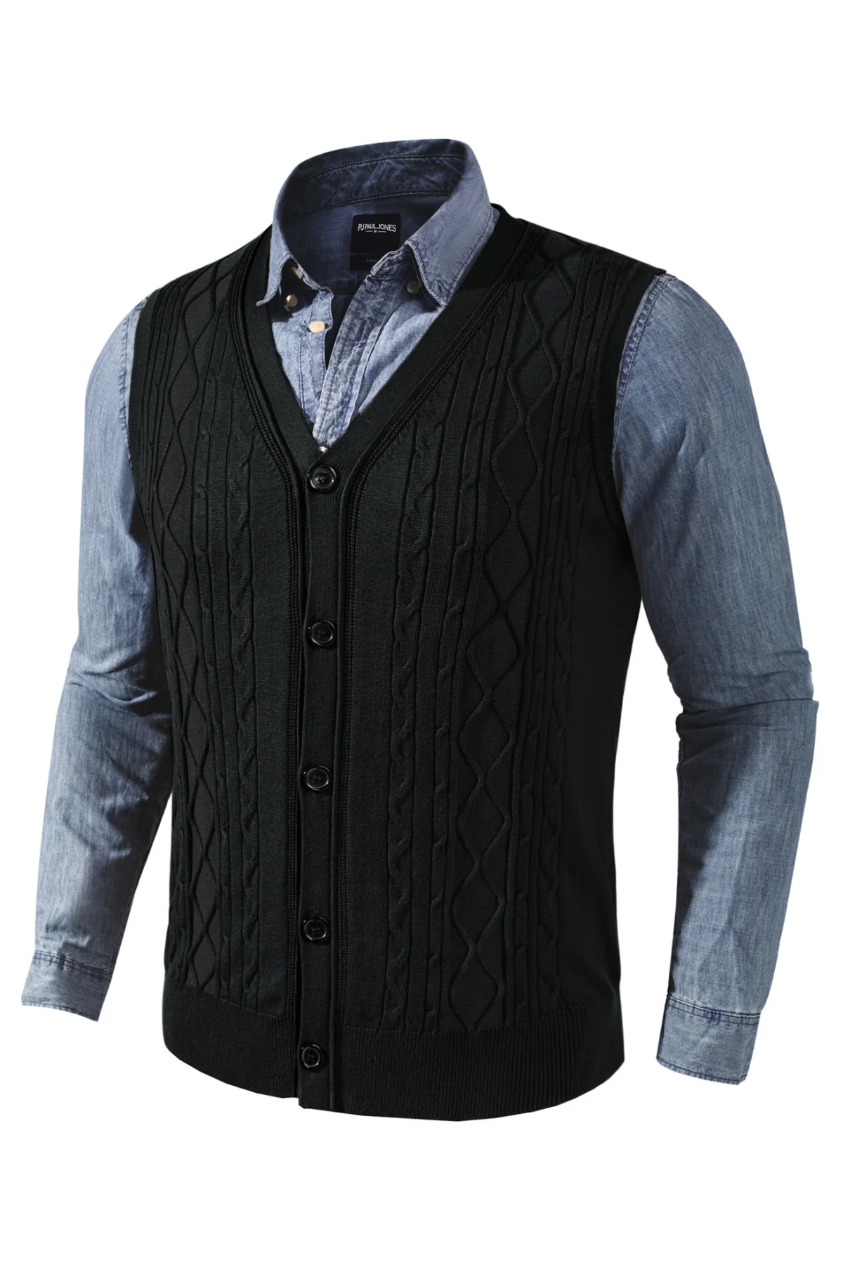 Mens V-Neck Sweater Vest Cable Knitted Button-Up Sleeveless Cardigan Vest - Image 4