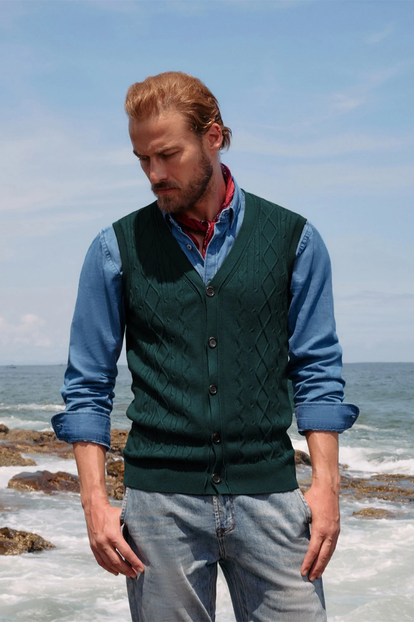 Mens V-Neck Sweater Vest Cable Knitted Button-Up Sleeveless Cardigan Vest - Image 42