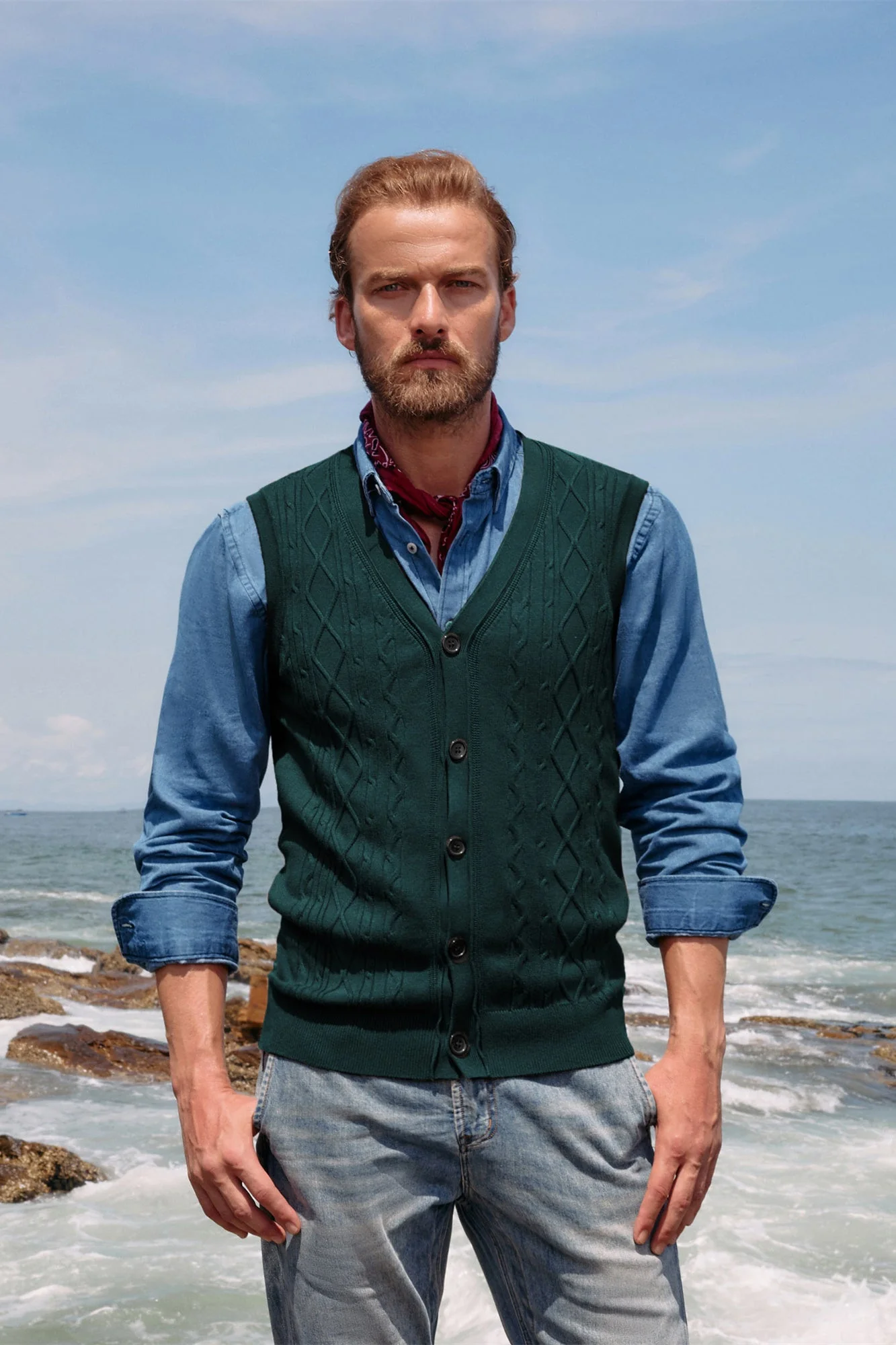 Mens V-Neck Sweater Vest Cable Knitted Button-Up Sleeveless Cardigan Vest - Image 43