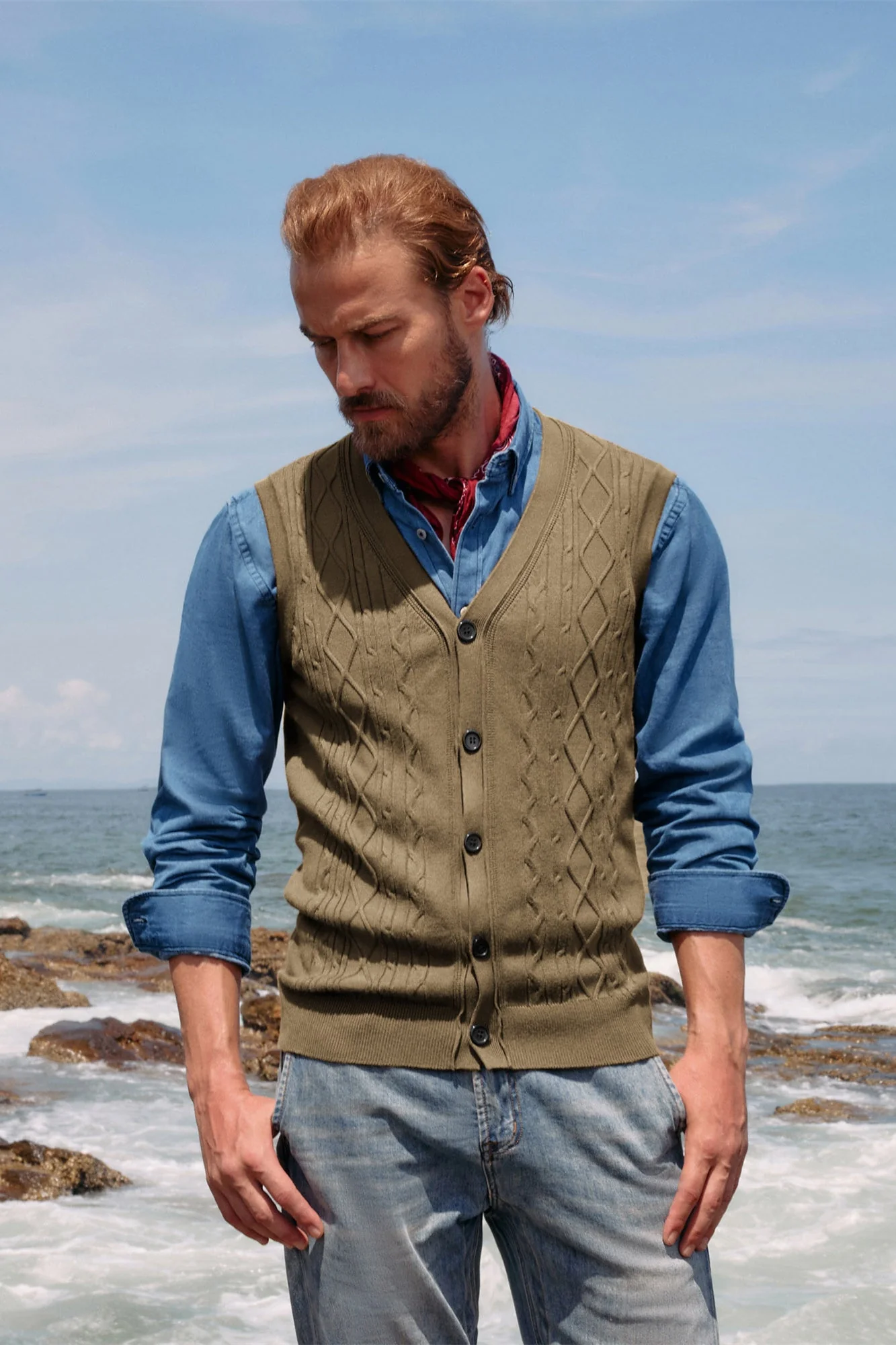 Mens V-Neck Sweater Vest Cable Knitted Button-Up Sleeveless Cardigan Vest - Image 48